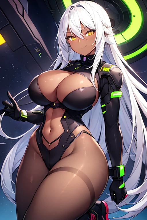 1girl, dark skin, dark-skinned female, white hair, long hair, yellow eyes, large breasts, breasts, wide hips, smug, smirk, smile, bodysuit, black bodysuit, pantyhose, black pantyhose, shoes, sneakers, futuristic, tech, science-fiction, neon trim, white neon trim, white trim, thick thighs