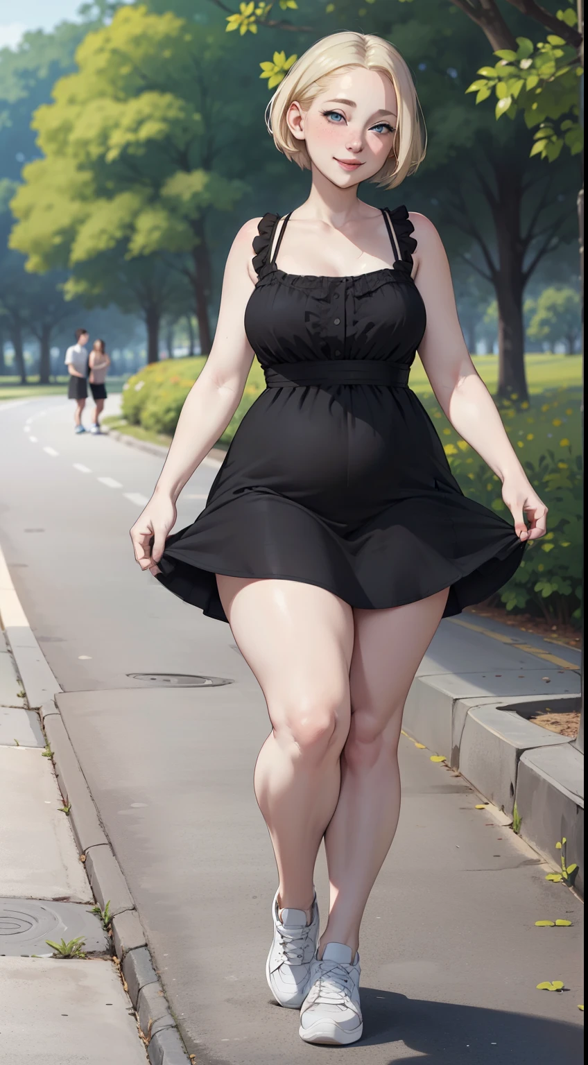 high detailed, masterpiece 1girl, pale skin, walking in the park, ((black sundress)), (white sneakers), seductive flirty smile, come hither look, full lips, short blonde hair, blue eyes, perfect hands, (small flat bust), (wide body), wide waist, round face, (fat chubby body: 1.2), feet
