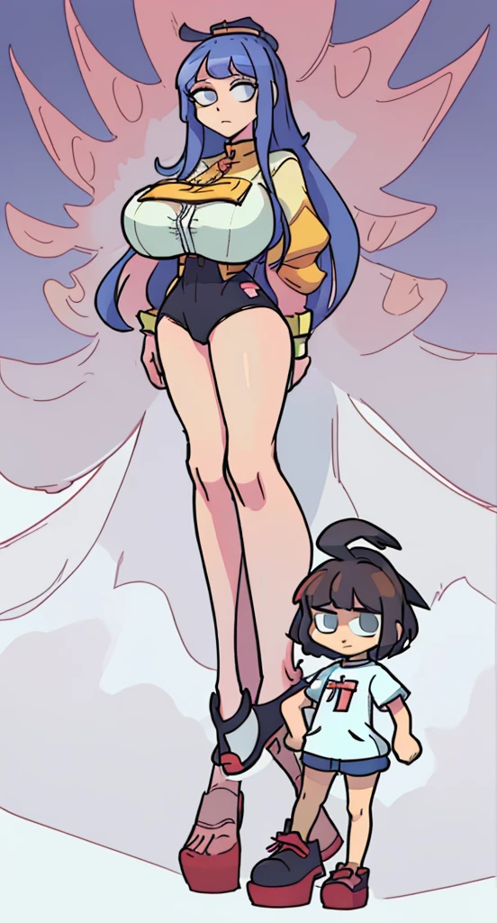 cartoon of a woman and a  standing next to each other, giantess art, giant legs, massive legs towering over you, vore art, tall and small, giantess, detailed legs towering over you, gentle femdom, large thighs, extreme foreshortening, macro giantess, lowres, cel shaded:15, (sfw) safe for work