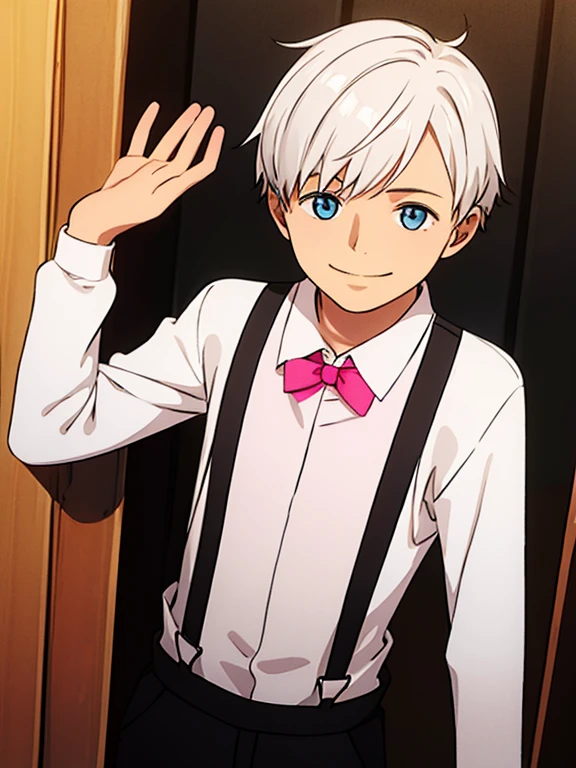 Man with short wavy white hair, shy smiling, wearing a white formal blouse with small pink details and wearing suspenders.