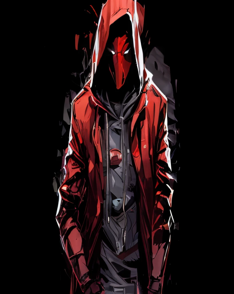 a close up of a person wearing a hoodie and a jacket, red hoods, red hood cosplay, the red ninja, an edgy teen assassin, epic comic book style, red armor, style of raymond swanland, jett from valorant, villain wearing a red oni mask, wearing a scarlet hoodie, masked, red hooded mage, red faced, badass look