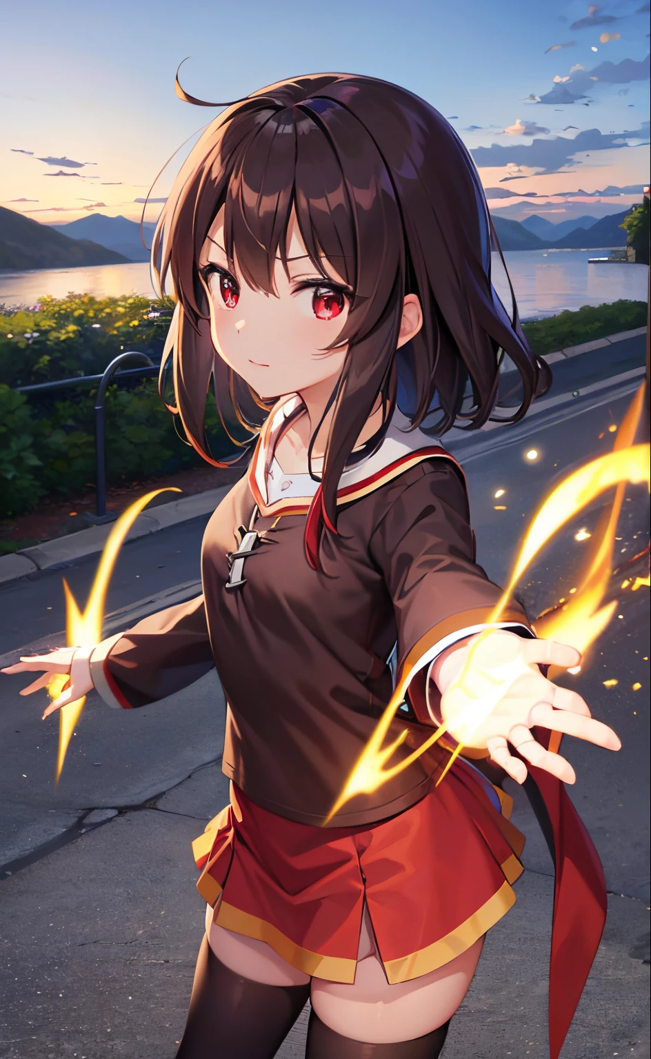 Megumin,
master part, best quality, high resolution, estilo anime,
Standing, marinheiro, red eyes, cabelos castanhos e curtos,