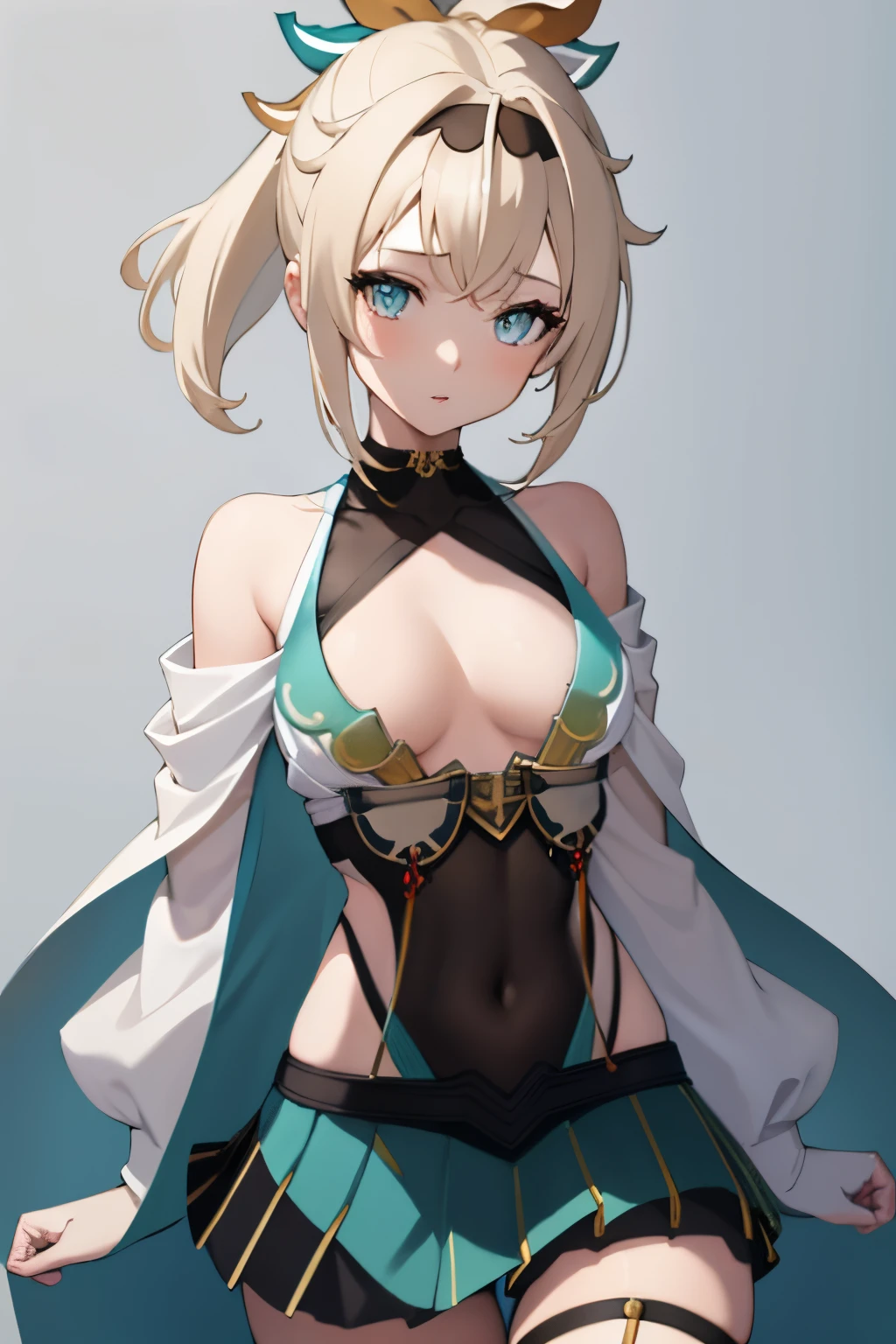 1girl, anime, cute girl, blank background, white background, fantasy, detailed dark fantasy dress with highlights, beautiful face, beautiful eyes, dark colors, silver hair, slightly small breasts, slight cleavage, beautiful skin, cute, breast curtains, extremely delicate and beautiful, (beautiful detailed face:1.0), (detailed deep eyes), symmetrical breasts, deep eyes, shiny skin, portrait, slender waist, hips wider than shoulders, thighs, young girl, expressionless, IrohaBase, hair ornament, hairband, sarashi, haori, covered navel, black gloves, pleated skirt, green skirt, white thighhighs, cleavage