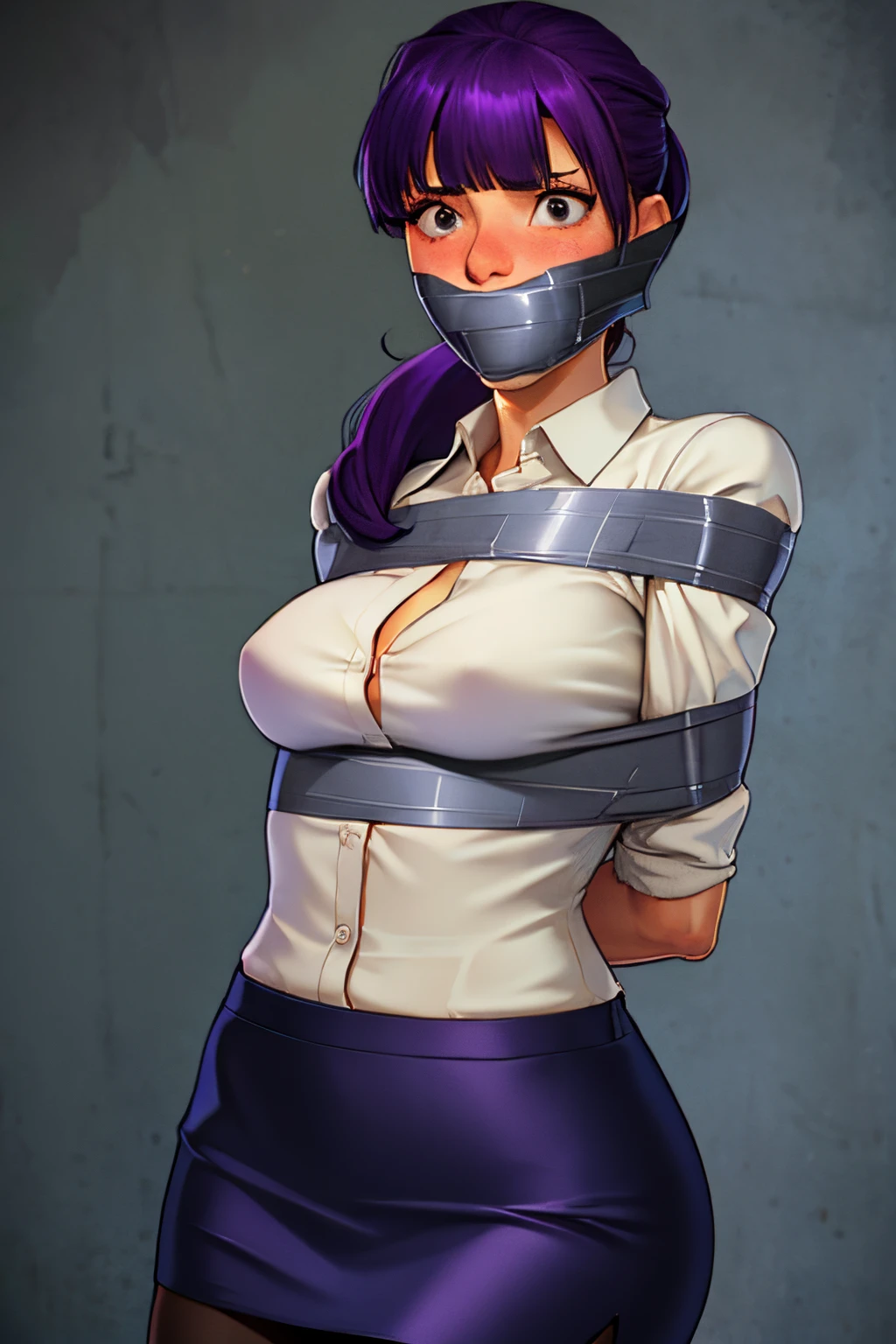 (best quality,highres,realistic:1.2),1girl,purple hair with a ponytail and bangs, wearing a shirt and skirt. She is gagged with an improvised gag made of duct tape, with her arms bound tightly behind her back. Her eyes are detailed, with a determined expression, blush on her face.