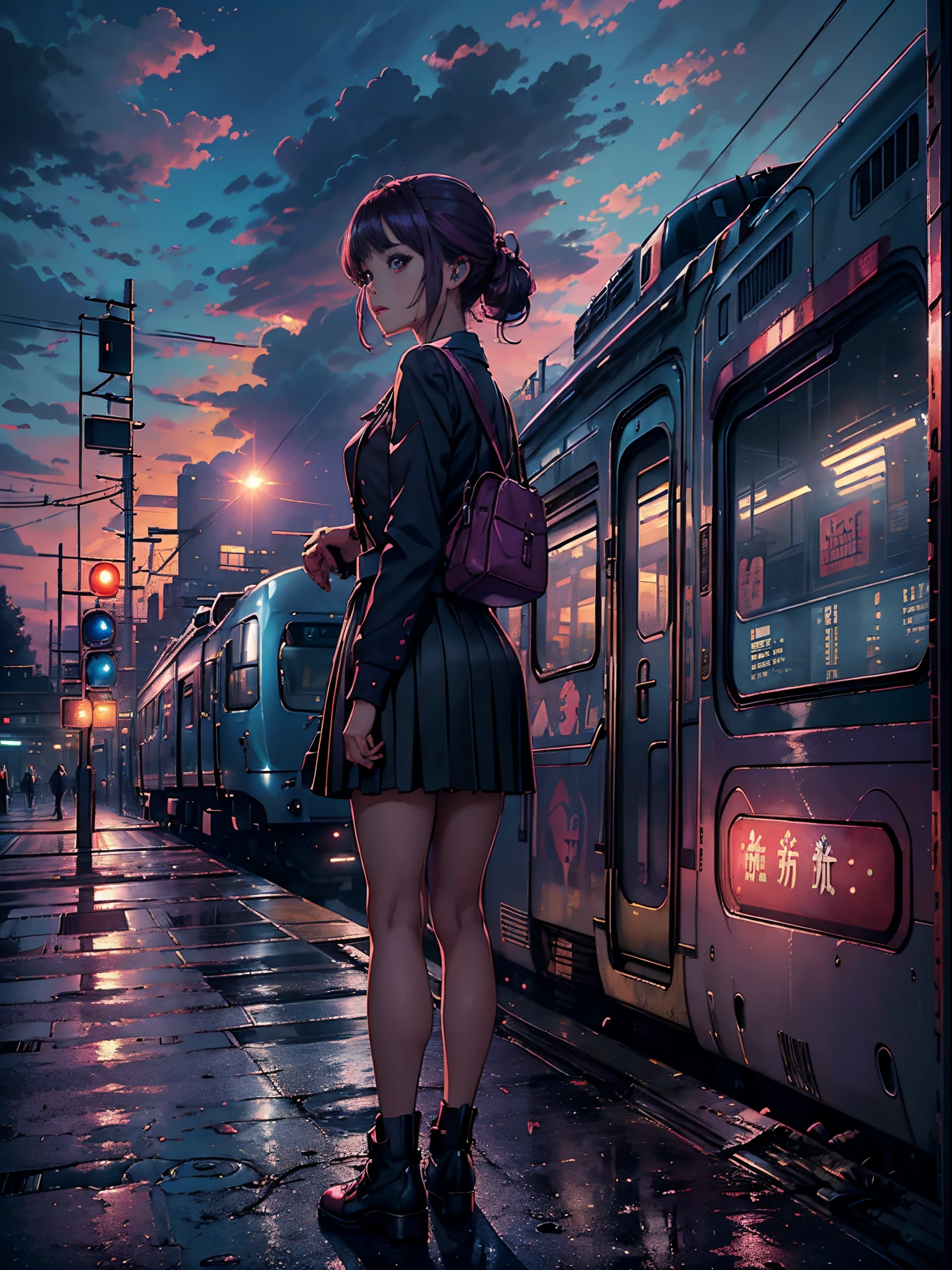 magenta tint、vibrant with colors、((tmasterpiece)))、(((quality)))、((ultra - detailed))、(Surreal)、(Very detailed CG illustration)、offcial art、CD cover、It will be、midsummer、The glorious 1980s、1girll,Cool beauty、cochetti gorgeous、incomparable beauty、Hair color、Rock music、jaqueta de couro、Superskirt、perfect angle、Perfectcomposition、(twilight,Train station,trains,Clouds),