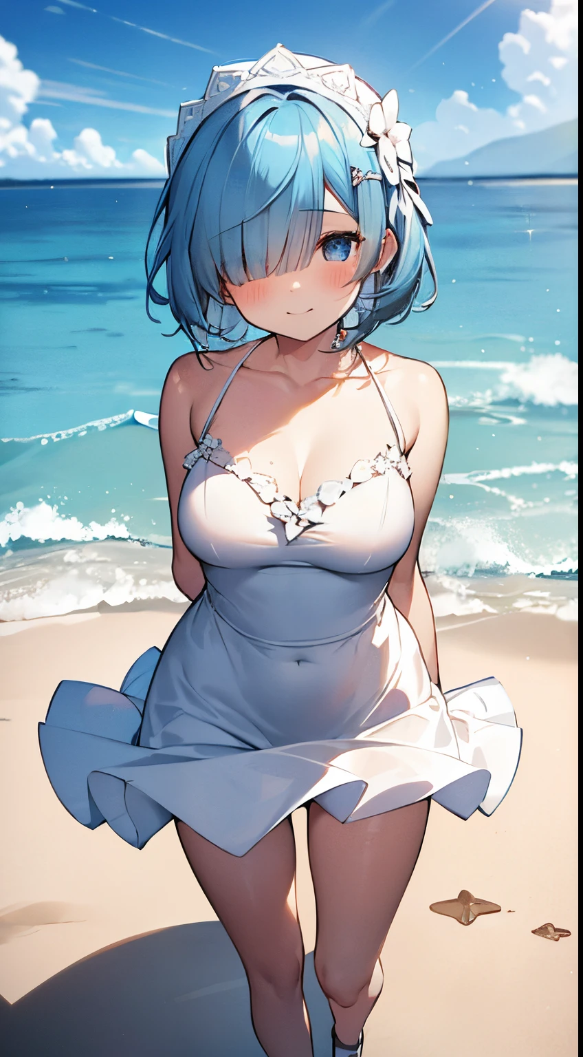 extra detailed face, Perfect Lighting, extremely details CG, 4K、8K、be shy、mournful smile、(Perfect hands, Perfect Anatomy)、Ultra-realistic photo of a girl in a beautiful white swimsuit, small and beautiful swimwear,All White Bikini、small viking veil、Bikini with frills, masutepiece,  art  stations, Fantasy Art:1.2),Beautiful sandy beach and clear sea、chapel、beautiful white bouquet、Beautiful cute girl, Rem of Rezero、Height 150cm、(Blue shorthair:1.3), (Bangs hide one eye:1.4)、(intricate short white skirt, Bare legs:1.2, Full body shot)、very Bigger breasts、cleavage of the breast、Nipples show through、No panties、No panties、No pubic hair、(Clearly visible detailed female pubic shape: 1.4)、skirt rift、Thin leg、Skinny Legs、pareo、Female genitalia visible from a pareo、put on white opera gloves、sexy  pose，The wind blows my skirt away