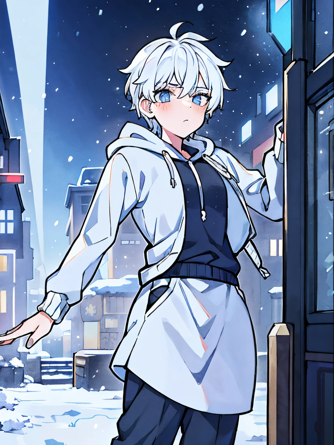 Androgynous, non-binary, short hair, baggy clothes, stoic, white hair, hoodie, oversized hoodie, baggy hoodie, baggy sweater, snow, dynamic pose, pale, ethereal, snowing, snowflakes, townscape, outdoors, adult, urban