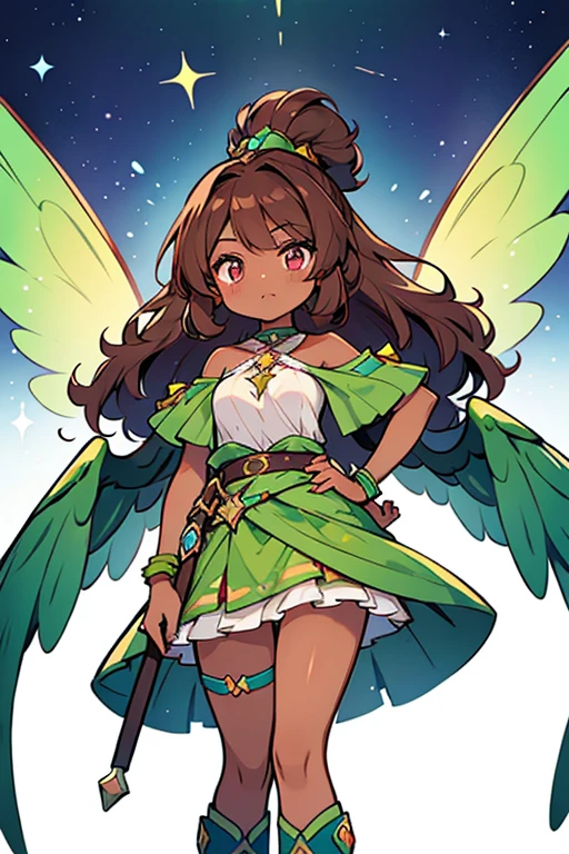 Aisha is a dark-skinned girl with a medium brown complexion, long, curly mahogany brown hair, and cerulean eyes. Her Winx outfit consists of a sparkly green two-toned one-shoulder top, a sparkly green mini skirt atop darker green mini shorts, and green calf-high boots with cream heels. There is a green sash connecting her top and skirt with several silver rings on her outfit, on her arm, and around her neck. Her wings are sky blue with spiky-styled mauve tips.