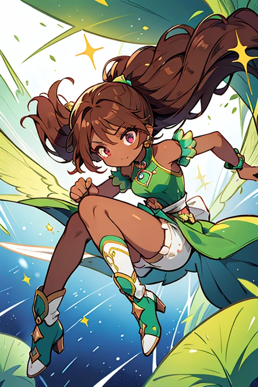 Aisha is a dark-skinned girl with a medium brown complexion, long, curly mahogany brown hair, and cerulean eyes. Her Winx outfit consists of a sparkly green two-toned one-shoulder top, a sparkly green mini skirt atop darker green mini shorts, and green calf-high boots with cream heels. There is a green sash connecting her top and skirt with several silver rings on her outfit, on her arm, and around her neck. Her wings are sky blue with spiky-styled mauve tips.
