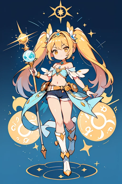Stella is a lightly tan-skinned young girl with long blonde hair that stops below her waist and golden amber eyes. Stella's Winx fairy form outfit consists of a sparkling orange, one-shoulder gypsy crop top and short shorts, with knee-high high-heeled boots of the same color. She wears her hair in two pigtails with orange tube ties. She also wears light blue forearm-length wrist cuffs and a headband of the same color. Her wings are three leaflets with the color of powder blue inner leaflets with teal tips. On her left ring finger she wears the ring of solaria, a cyan blue ring with a sun-shaped circle. Same goes with the scepter form, except it is now much bigger and instead of a ring it is long staff with the sun-shaped circle being on its top. In the Nickelodeon version, her wings are less opaque, gain glitter on the inside and a glowing yellow aura on the outside. Her top also no longer has the small gap on her shoulder strap. The ring of solaria has been redesigned as well. It is still cyan blue but now instead of a sun-shaped circle it has six orange jewel spheres on top - one in a middle and other five around it forming a pentagon. While transformed in a scepter it has a cyan blue sphere on top of it, but instead of the big wheel alike ring around it, it has six orange jewel spheres, once again - one in a middle and five around it forming the pentagon. On outside there's also five small spheres attached to the bigger ones.