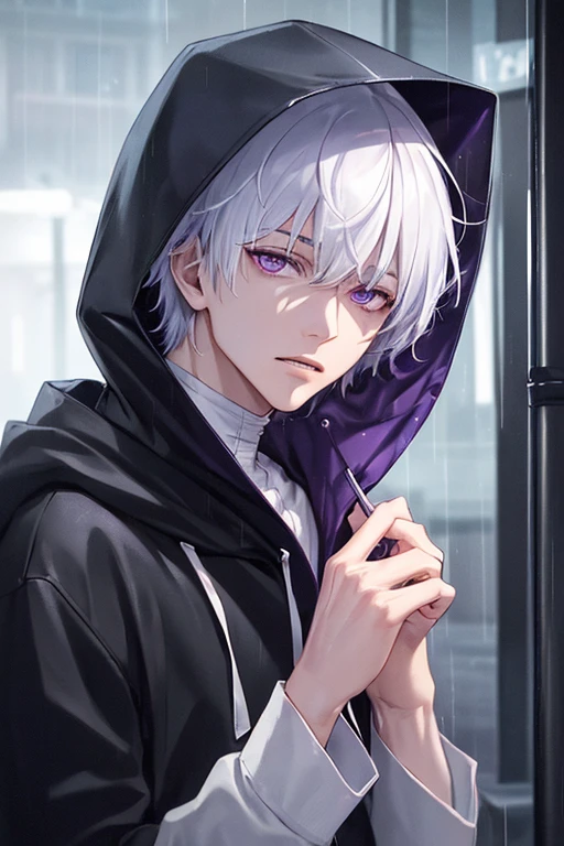 kk, best quality, more details, masterpiece, 1boy, kaneki ken, portrait, male focus, purple eyes, solo, bangs, looking at viewer, hood, short hair, rain, tokyo tokyo \(city\), hood up, nail polish, white hair, luxurious, 8k, detailed, ray tracing, depth of field, cinematic lighting, child.