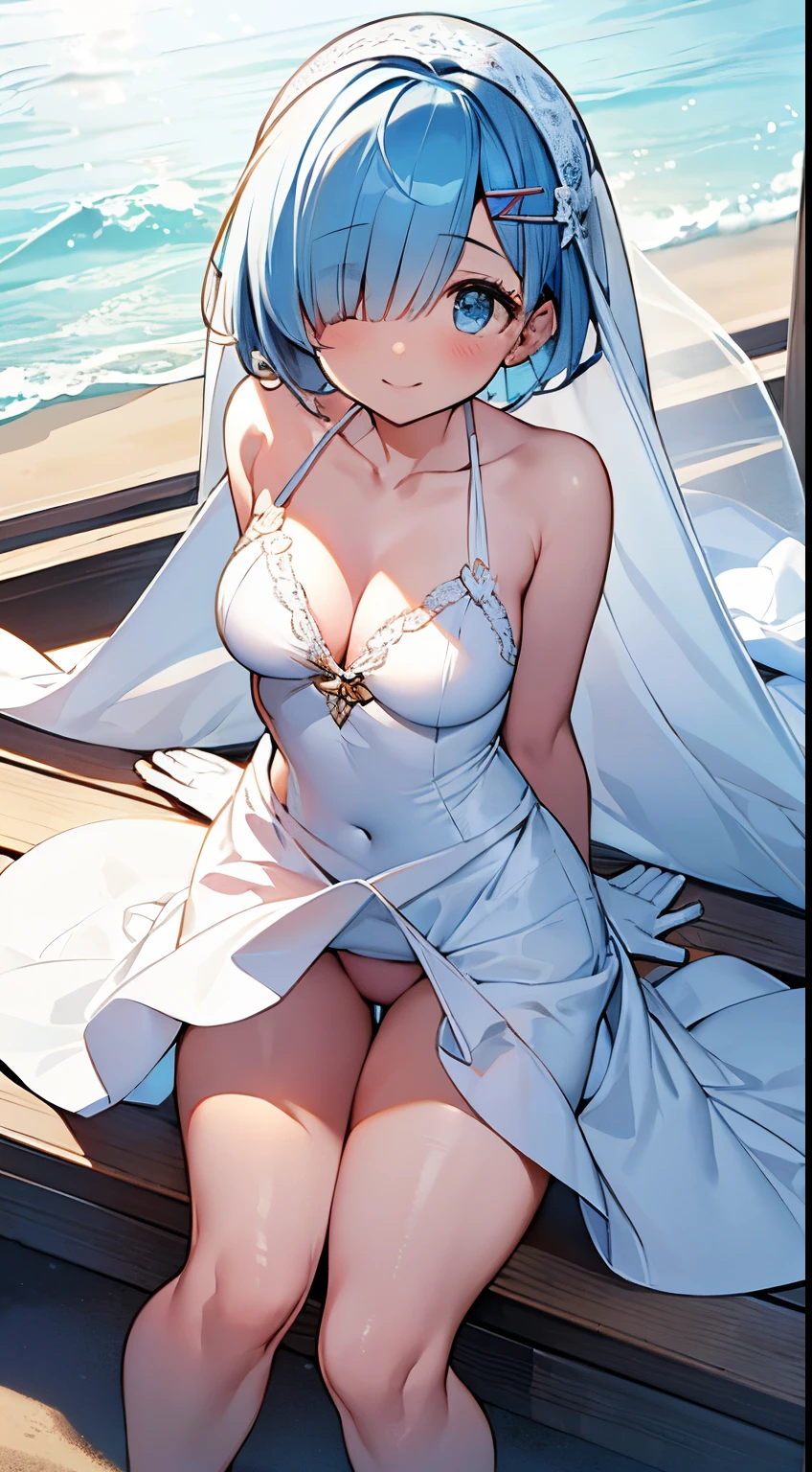 extra detailed face, Perfect Lighting, extremely details CG, 4K、8K、be shy、mournful smile、(Perfect hands, Perfect Anatomy)、Ultra-realistic photo of a girl in a beautiful white swimsuit, small and beautiful swimwear,All White Bikini、small viking veil、Bikini with frills, masutepiece,  art  stations, Fantasy Art:1.2),Beautiful sandy beach and clear sea、chapel、beautiful white bouquet、Beautiful cute girl, Rem of Rezero、Height 150cm、(Blue shorthair:1.3), (Bangs hide one eye:1.4)、(intricate short white skirt, Bare legs:1.2, Full body shot)、very Bigger breasts、cleavage of the breast、Nipples show through、No panties、No panties、No pubic hair、(Clearly visible detailed female pubic shape: 1.4)、skirt rift、Thin leg、Skinny Legs、pareo、Female genitalia visible from a pareo、put on white opera gloves、sexy  pose，The wind blows my skirt away