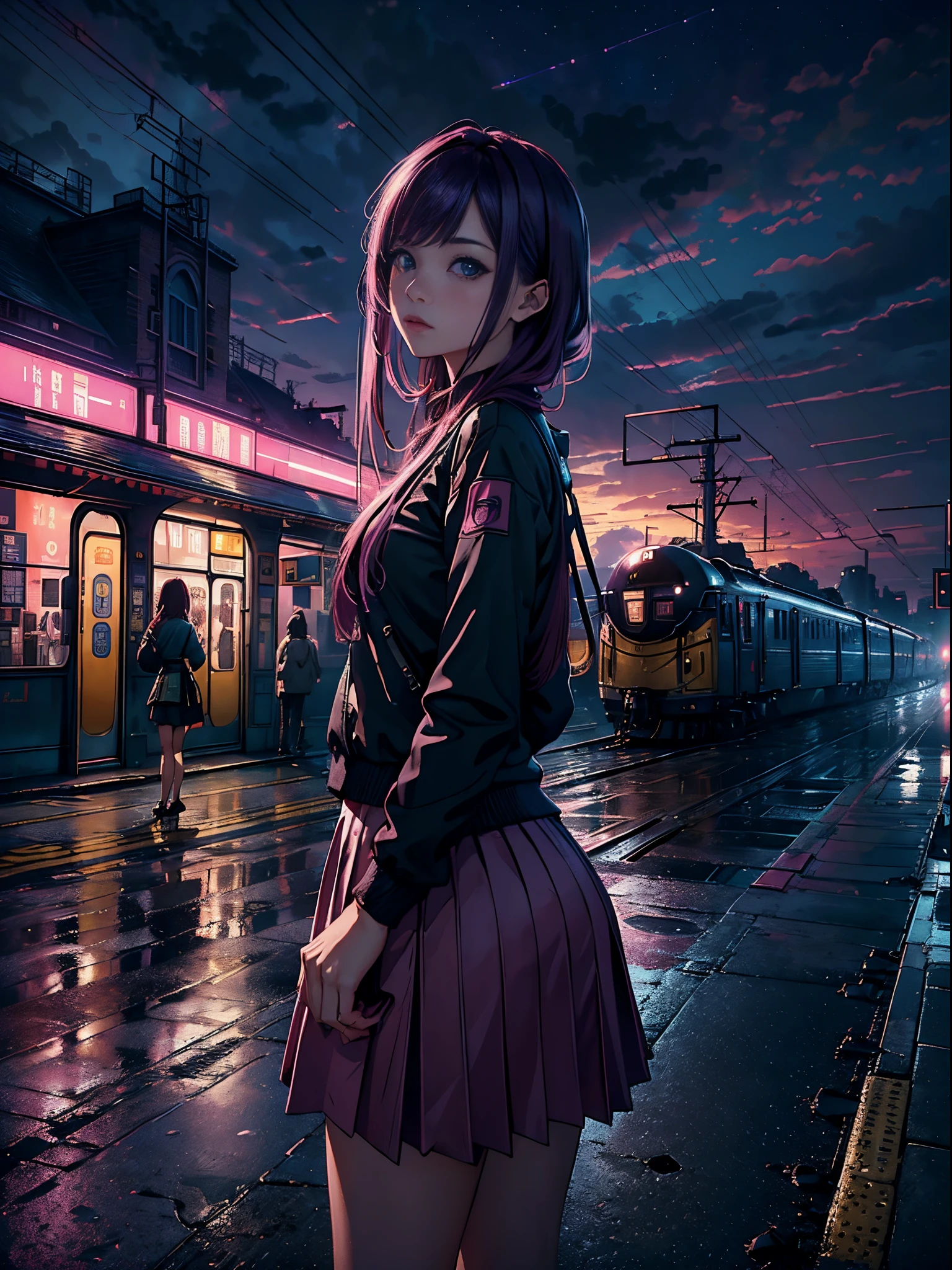 magenta tint、vibrant with colors、((tmasterpiece)))、(((quality)))、((ultra - detailed))、(Surreal)、(Very detailed CG illustration)、offcial art、CD cover、It will be、midsummer、The glorious 1980s、1girll,Cool beauty、cochetti gorgeous、incomparable beauty、Hair color、Rock music、jaqueta de couro、Superskirt、perfect angle、Perfectcomposition、(twilight,Train station,trains,Clouds),