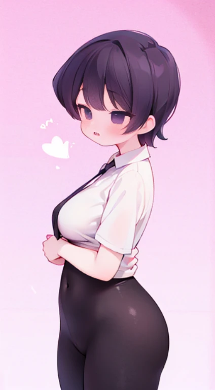 Komi Shuuko,A MILF,hugging pillow,Back view,D cup,slimfigure,black long dress,skinny pants,long trousers,The shirt,Simetall,Hell Whisperer style,Lots of pink hearts,Love background,Fleshy thighs,highly rendered,detailed face with :3 expression,