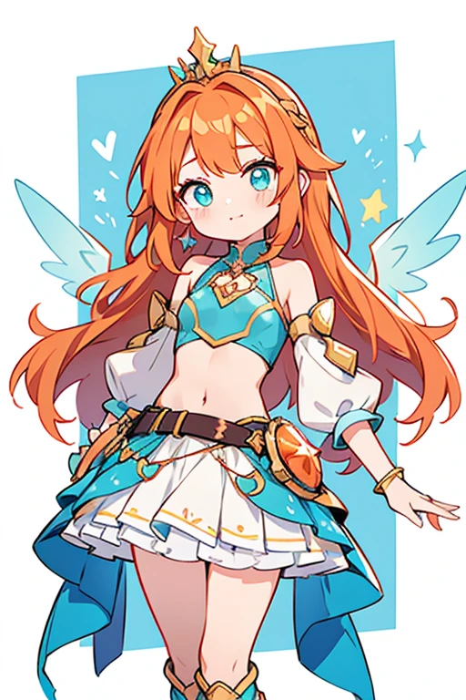 Bloom is a slightly fair-skinned girl with waist-length red-orange hair with a single small hair strand sticking up and large cyan eyes. Bloom's Winx is a sparkly bright sky blue, cropped halter-turtleneck crop top decorated with an oval-shaped gold jewel at the center of her chest, a matching sparkly light blue miniskirt with matching color shorts under her skirt and light blue high-heeled ankle boots. She also wears light blue glove-like, detached sleeves around her forearms from elbow to wrist with a point down the back of each palm and wears a small golden tiara with three rounded points at the top of her head. Her hairstyle remains the same as in civilian form. Her wings are translucent and have the colors of cyan heart-topped split inner layers with teal tips.