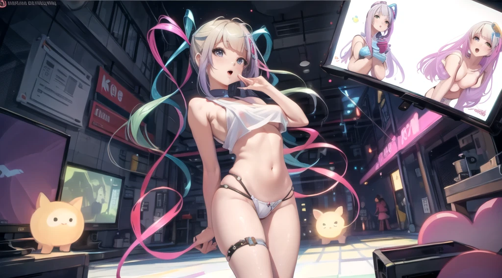 Kangel, needy streamer overload, needy streamer overdose, risque pose, nsfw, big boobs, thick thighs, digital illustration, vibrant colors, soft lighting, perfect face, absurdres, ultrasharp, 8K, perfect hands, glowing effects, pixel effects, digital girl, gamer, gamer effects