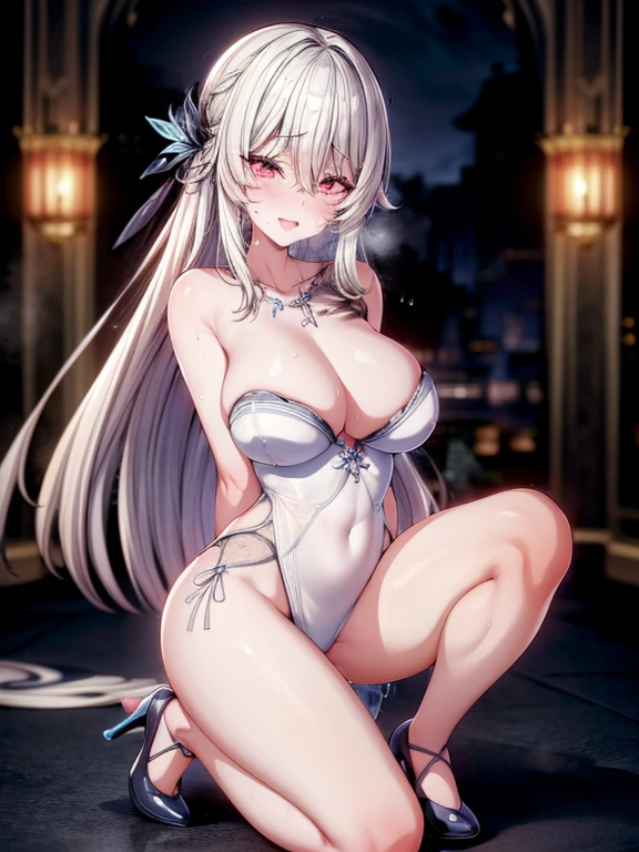 1girls, arms behind back, rain, seductive, (4K,realistic,highres,absurdres,masterpiece:1.2),((cinematic lumination)),deep depth of field,charming face,bloom,medium breasts,(smiling:0.6),young female, looking at the viewer, white skin, ((slim, skinny)), ((wet skin, sweat)), high heels, red eyes,Kneeling,(orgasm,ahegao:1.3),