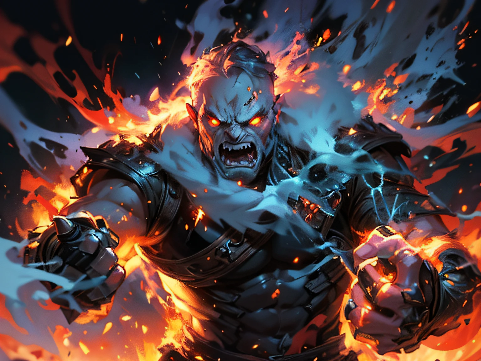 <lora:MagmaTech-20:0.8>,MagmaTech,
lava,black steel,
,scholar , scroll, 1boy,beard, blue skin,