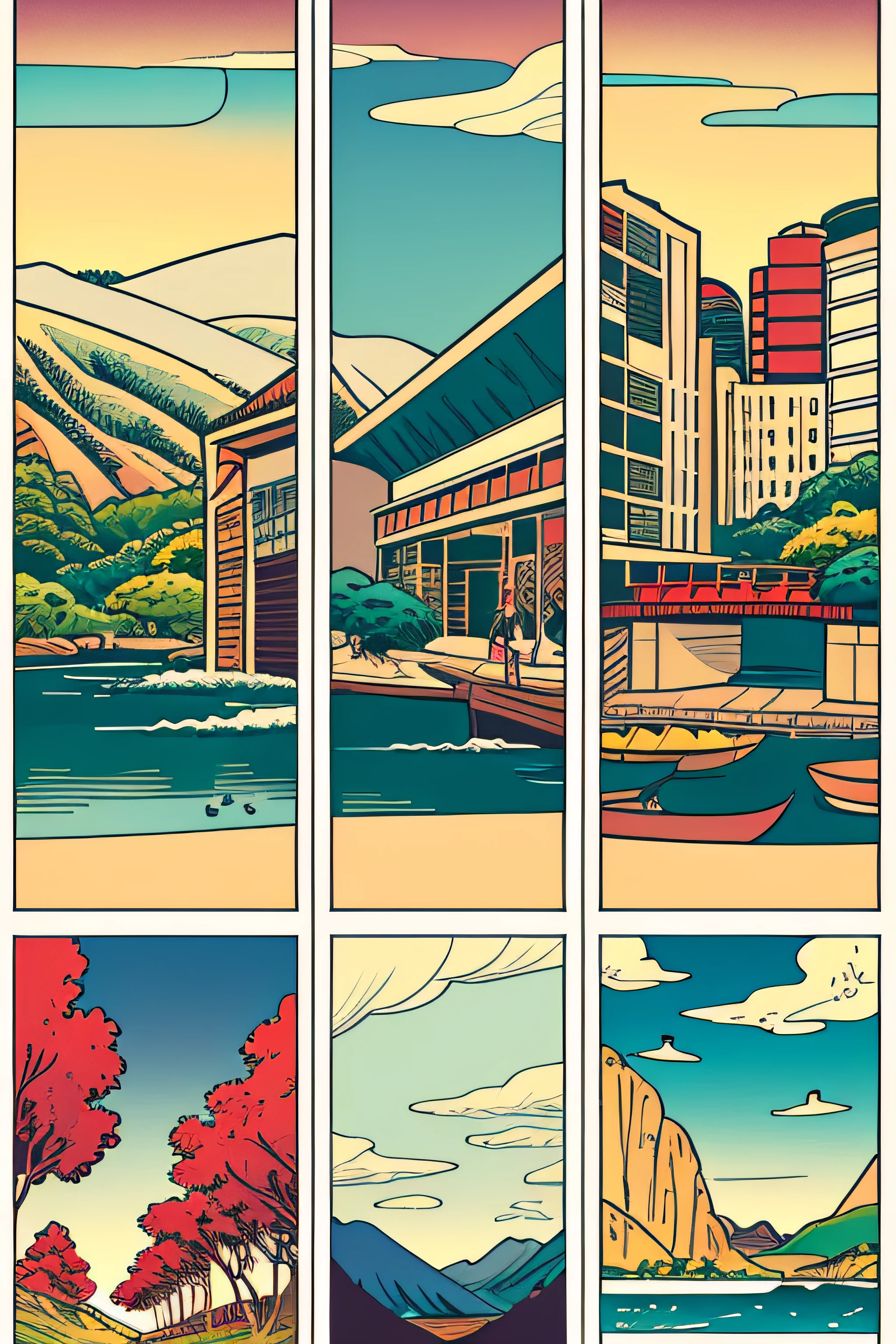 Ukiyo-e style landscapes pop music colourfull Artitech comic strip