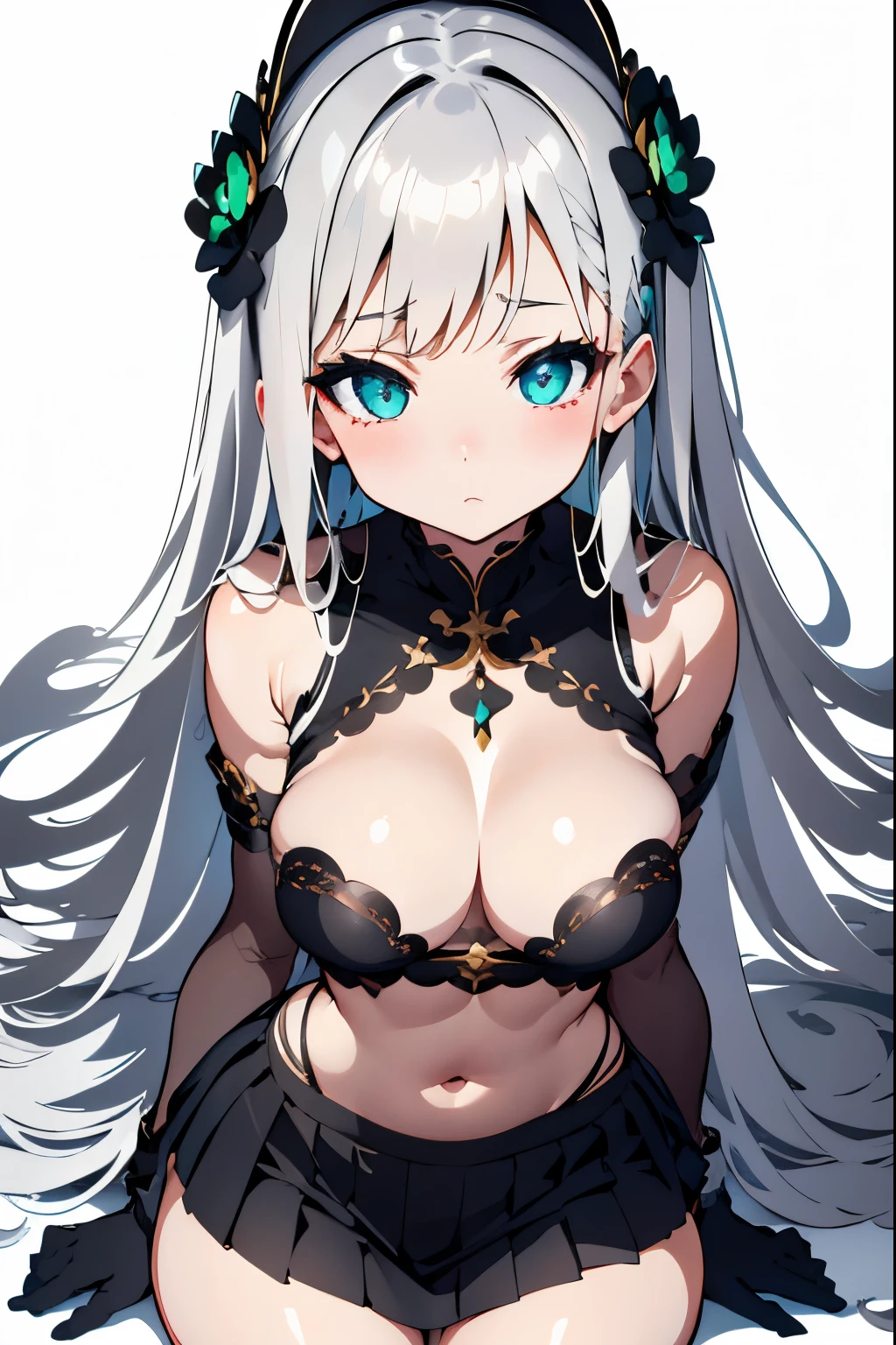 1girl in, Anime, Cute Girl, Blank background, White background, Fantasy, Detailed dark fantasy dress with highlights, Beautiful face, Beautiful eyes, dark color, Silver hair, slightly small breast, Slight cleavage, Beautiful skin, Cute, breast curtains, Extremely delicate and beautiful, (beautifull detailed face:1.0), (Detailed deep eyes), symmetrical breasts, deep eye, Shiny skin, Portrait, Slender waist, hips wider than shoulders, thighs thighs thighs thighs, Age, deadpan, Iroha Base, Hair Ornament, shairband, sarashi, haori, Covered navel, Black Gloves, Pleated skirt, Green skirt, white thighhig, cleavage