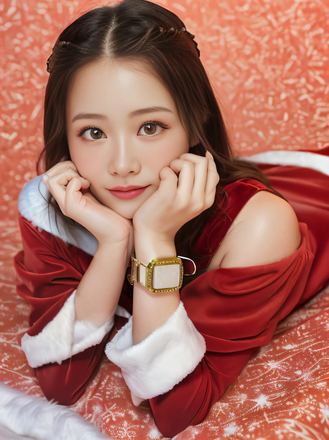 Woman lying on the floor with her hands on her face,Best Quality, 超A high resolution, (Photorealistic:1.4), Raw photo, 1日本人の女の子, (((Santa Claus Costume))),(((Looking at Viewer:1.5))),ulzzang -6500-v1.1, (Raw photo:1.2), (photographrealistic:1.4), a beautiful detailed girl, extremely detailed eye and face, Beautiful detailed eyes, Ultra-detailed, High resolution, top-quality, masterpiece, Highly detailed, 8K Wallpaper, Wonderful, finely detail, top-quality,电影灯光,(Above the hotel bed),((Christmas)),Beautiful eyes,Beautiful black hair