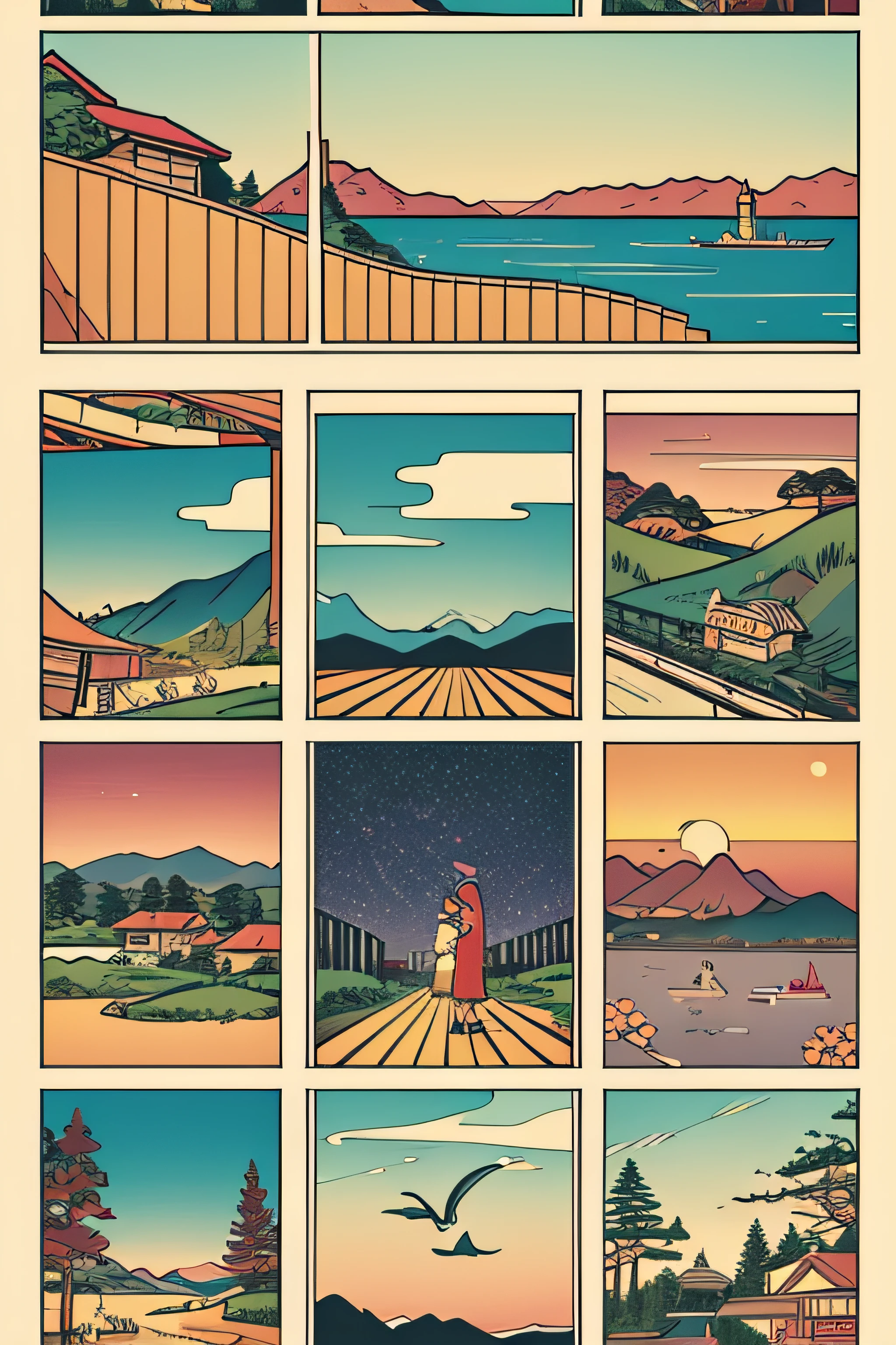 Ukiyo-e style landscapes pop music colourfull Artitech comic strip