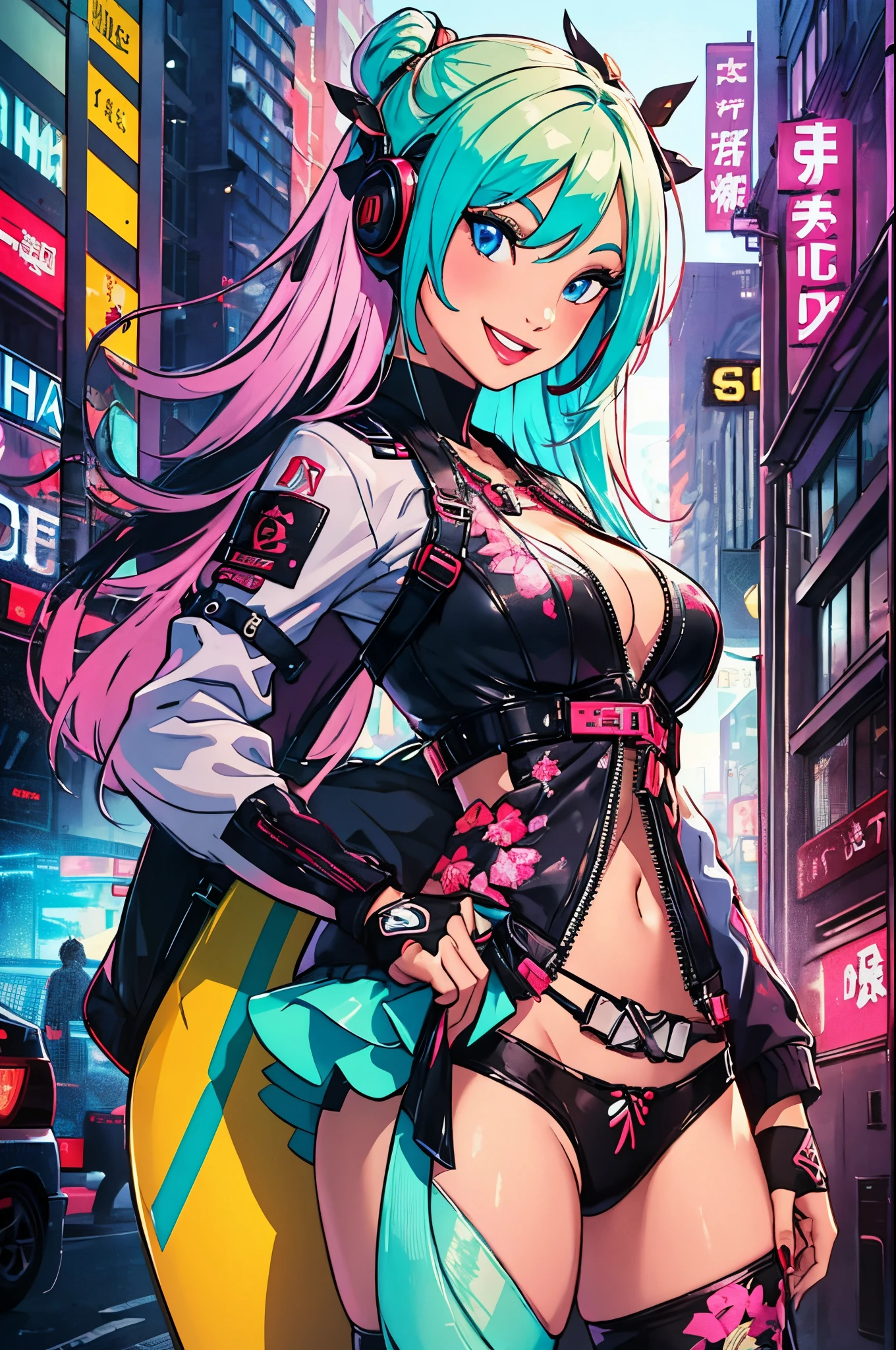 masterpiece, best quality, 2 ((smiling)) cyberpunk girls standing together, Harajuku-inspired cyberpunk body harness, bold colors and patterns, eye-catching accessories, trendy and innovative hairstyle, dazzling Cyberpunk cityscape, skyscrapers, neon signs, LED lights, bright and vivid color scheme, anime, illustration, detailed skin texture, detailed cloth texture, beautiful detailed face, intricate details, ultra detailed.