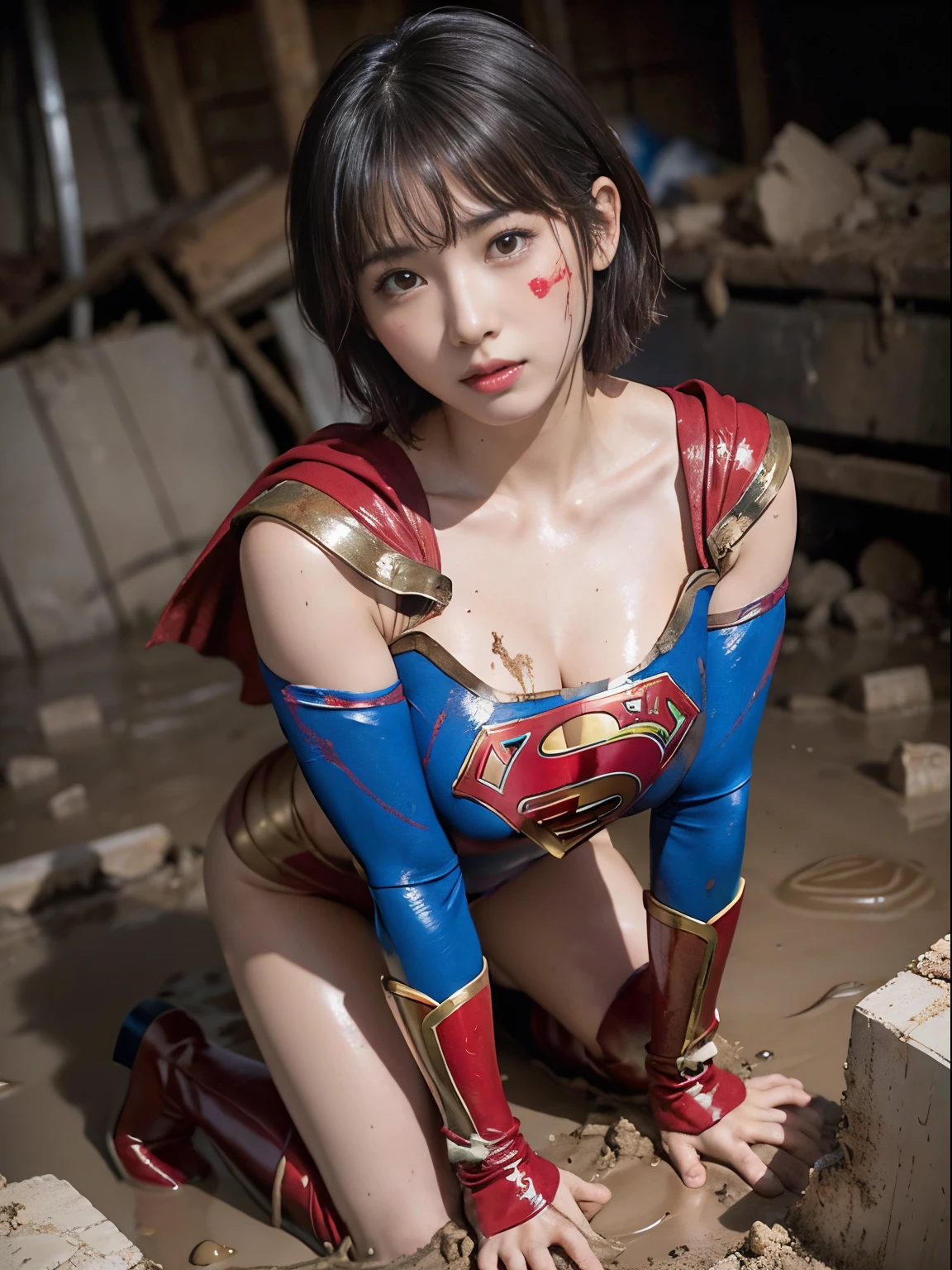 masterpiece、Short-haired Supergirl lying in the rubble、large full breasts、Looking at the camera、Glossy costume、Manju Sosai、wounded、Mud stains、Covered in mud、Exhausted、cum on、Bukkake、MuCoi、mush、bright red enamel boots