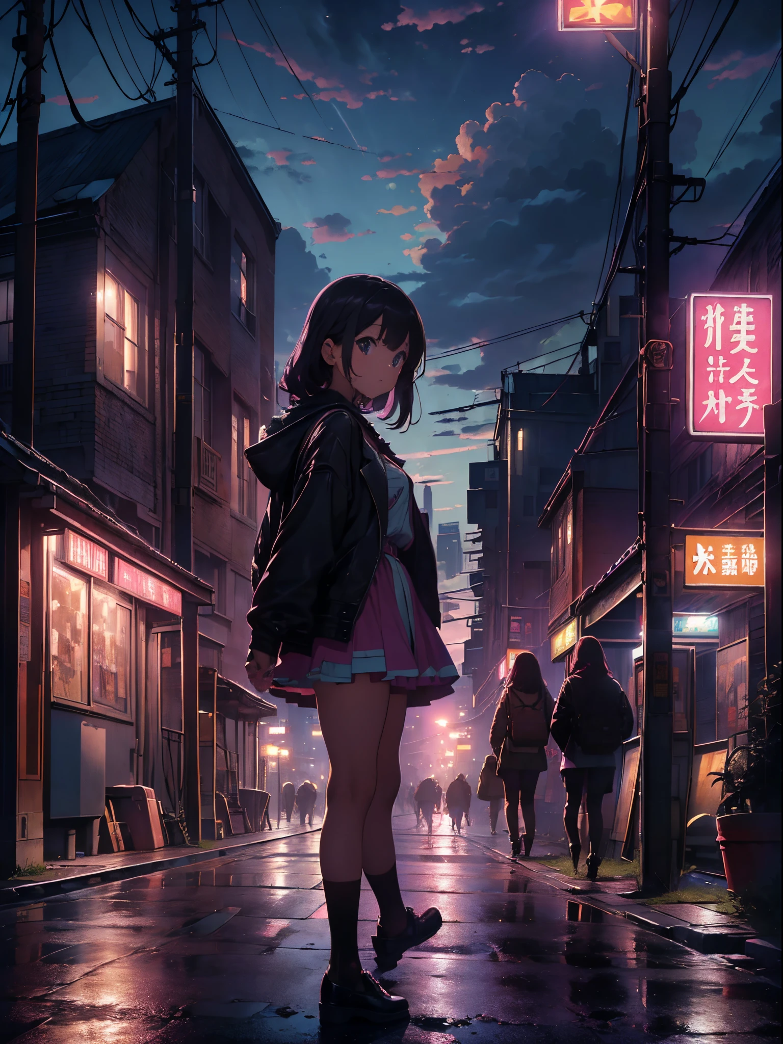 magenta tint、Vibrant colors、((tmasterpiece)))、(((quality)))、((ultra - detailed))、(Surreal)、(Very detailed CG illustration）、offcial art、CD cover、It will be、midsummer、The glorious 1980s、1个Giant Breast Girl，Cool beauty、cochetti gorgeous、incomparable beauty、Hair color、Rock music、furry leather jacket、Superskirt、Student shoes，perfect angle、Perfectcomposition、(evening，Train station，trains，Cloud，streetlight)，