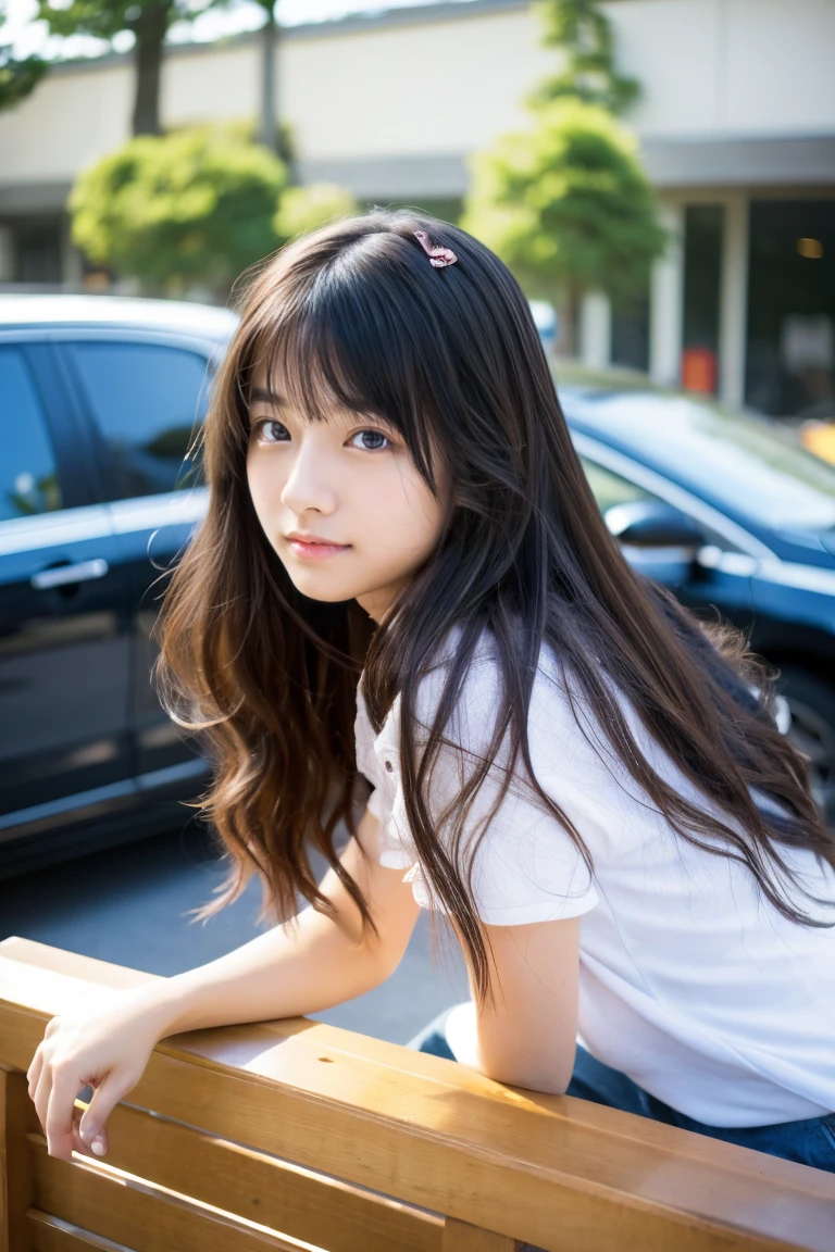 service area、japanes、a beauty girl、15yo student、motor car、wavy hair、sit on a bench、