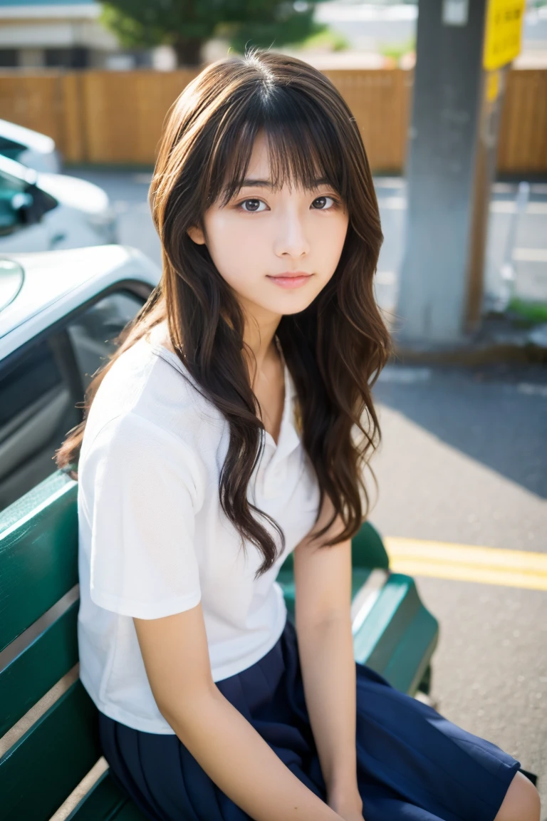 service area、japanes、a beauty girl、 student、motor car、wavy hair、sit on a bench、