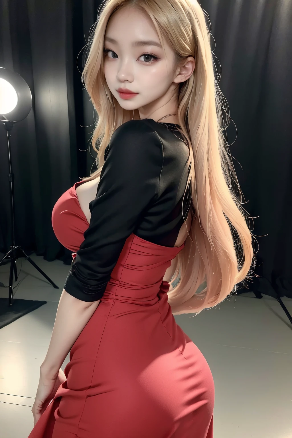 1 girl,blonde hair,korean girl,jennie black pink,monolid eye,full lips,blush,idool kpop,red scarlet dress,meet gala background (blur),((HD)) (8K QUALITY)),ULZZANG,PERFECT BODY,PERFECT LIGHT