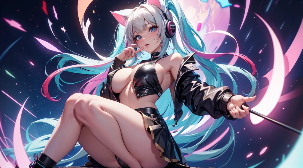 Kangel, needy streamer overload, needy streamer overdose, risque pose, nsfw, big boobs, thick thighs, digital illustration, vibrant colors, soft lighting, perfect face, absurdres, ultrasharp, 8K, perfect hands, glowing effects, pixel effects, digital girl, gamer, gamer effects, egirl outfit, short skirt, cat headphones, streamer