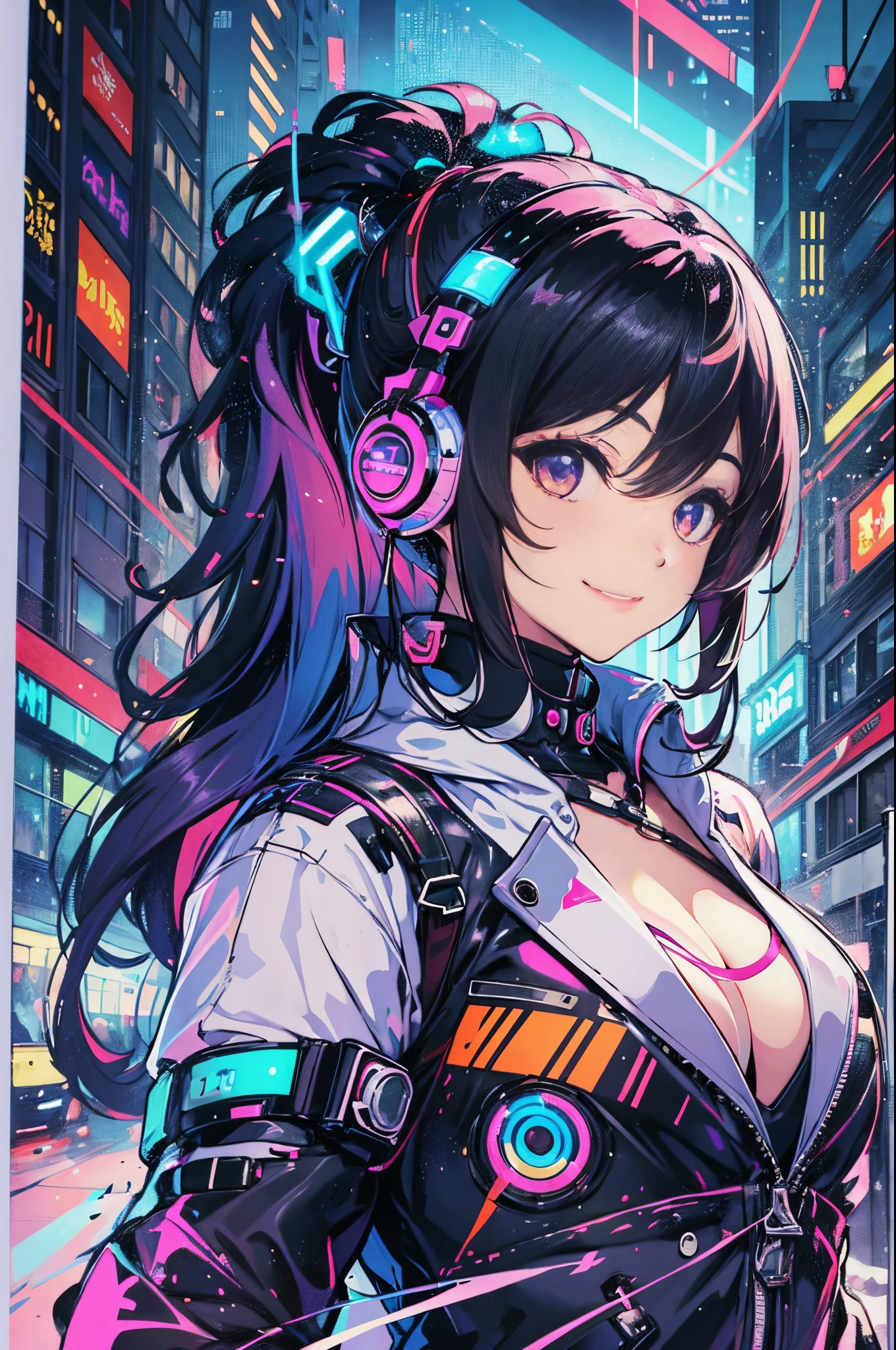masterpiece, best quality, 2 ((smiling)) cyberpunk girls standing together, Harajuku-inspired cyberpunk body harness, bold colors and patterns, eye-catching accessories, trendy and innovative hairstyle, dazzling Cyberpunk cityscape, skyscrapers, neon signs, LED lights, bright and vivid color scheme, anime, illustration, detailed skin texture, detailed cloth texture, beautiful detailed face, intricate details, ultra detailed.