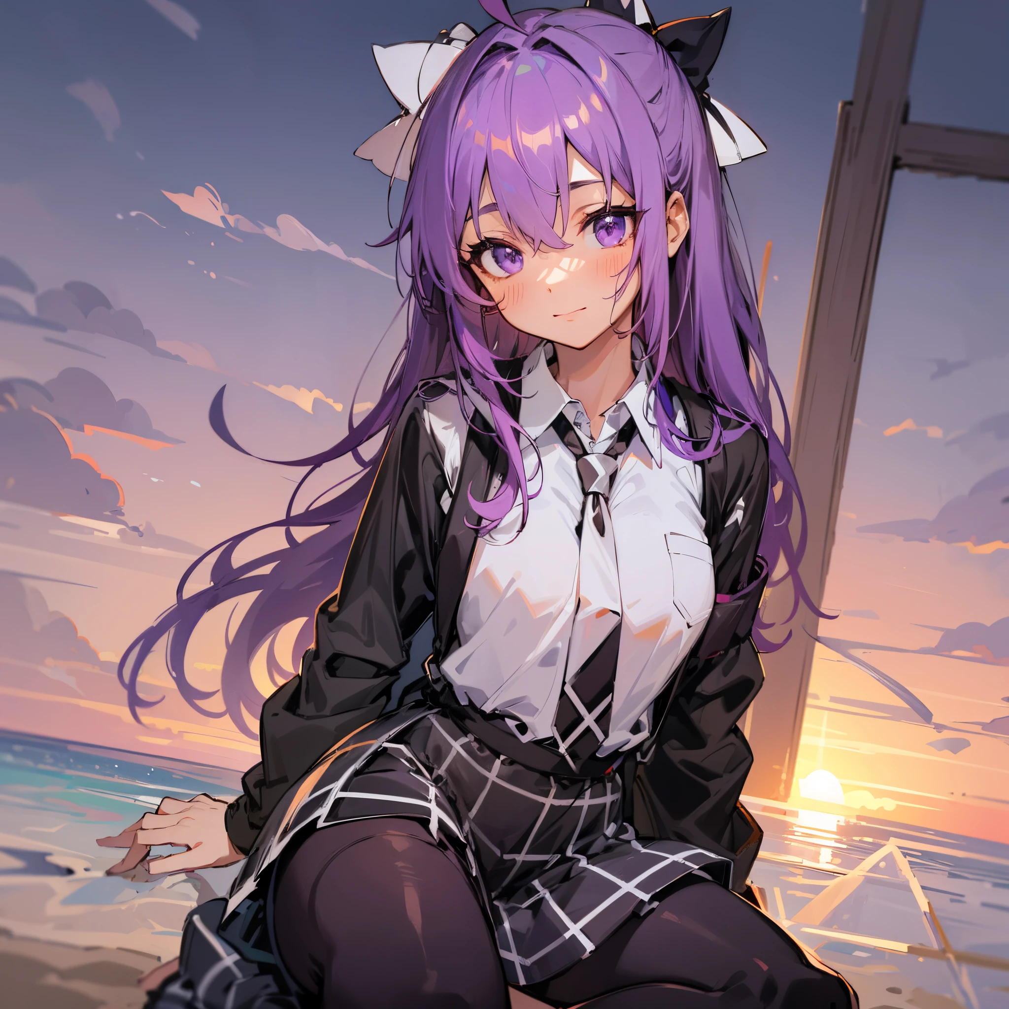 Purple colored hair,purpleeyes,sandbeach,Seafront,the sunset