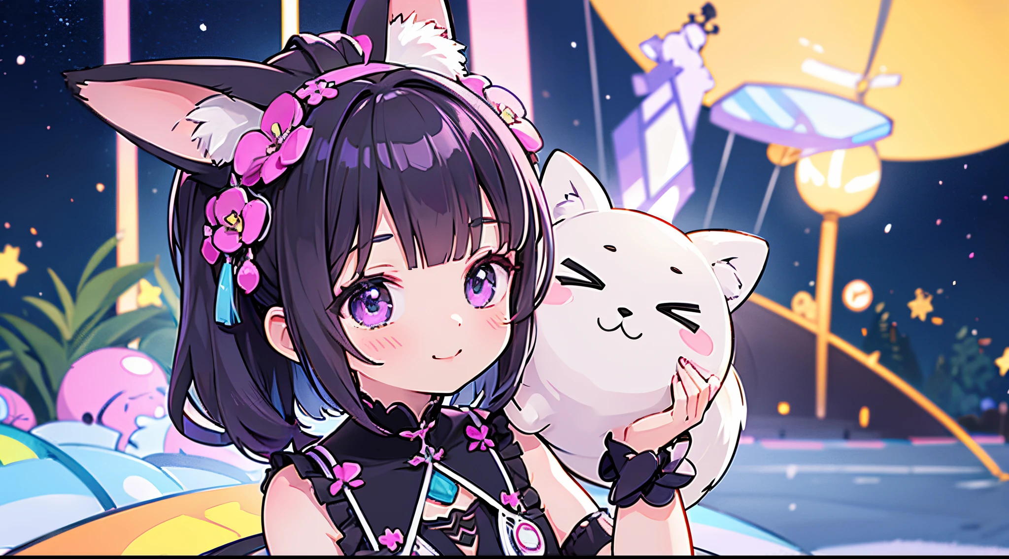 Create a captivating AI-generated artwork for a banner featuring an adorable fox girl with expressive eyes and a mischievous smile. Enchant the audience with her vibrant personality, and showcase her unique charm through layered purple and black hair that cascades gracefully. Use a playful and whimsical background that complements her character, inviting viewers into a world of charm and creativity. Ensure the composition is dynamic and visually appealing, setting the perfect tone for your channel's content."