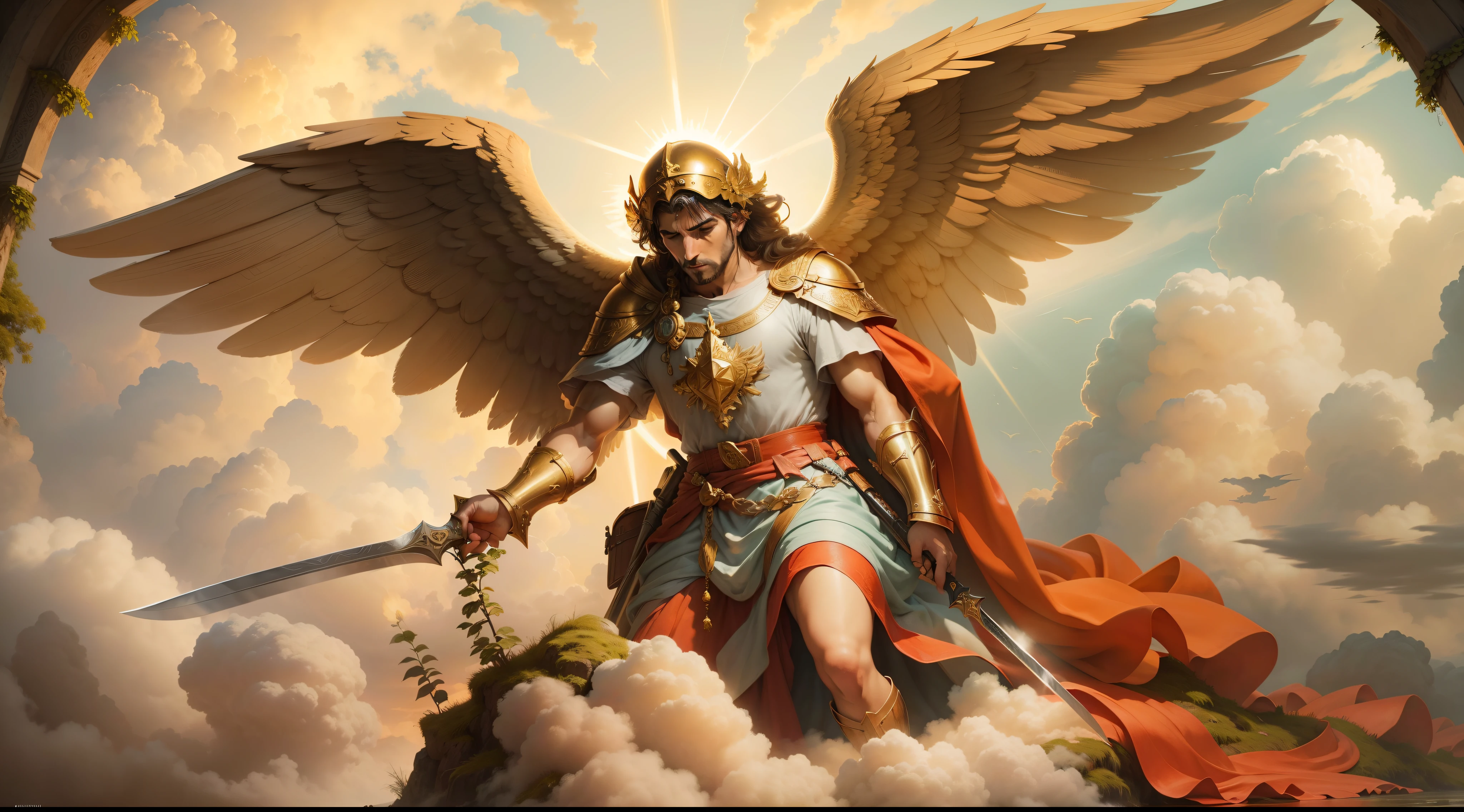 Closeup of an image a man angel with a large and long sword with attack position in the right hand, in the other left hand holding a scale, Angel dressed as a Roman soldier looking at the ground, arcanjo homem com asas grandes, o anjo da fortuna, perfeito, Realistic, Biblical setting, Biblical Paradise Setting, sol e nuvens ultras realistas, flores e velas, illuminated archangel of heaven, flores coloridas, velas acesas, roupas brancas e vermelhas