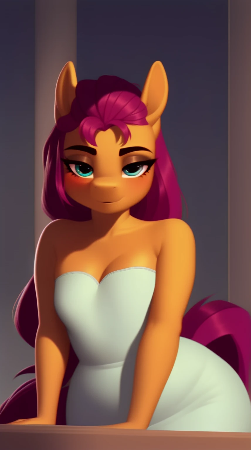 (score_9), (source_pony), (solo), (earth pony), ((anthro Sunny Starscout1.1)), (strapless white tube dress), sexy, blushing, seductive look, messy hair, lidded eyes, sultry pose, bedroom eyes, anatomically correct, night garden, flat chest, half body, solo, hourglass figure, curvy, plump body, young, short, chubby, cute, high res, facing straight at viewer,