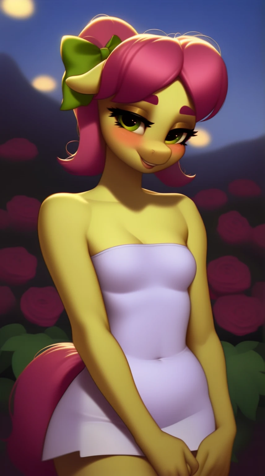 (score_9), (source_pony), (solo), (earth pony), ((anthro Posey Bloom1.1)), (strapless white tube dress), sexy, blushing, seductive look, messy hair, lidded eyes, sultry pose, bedroom eyes, anatomically correct, night garden, flat chest, half body, solo, hourglass figure, curvy, plump body, young, short, chubby, cute, high res, facing straight at viewer,