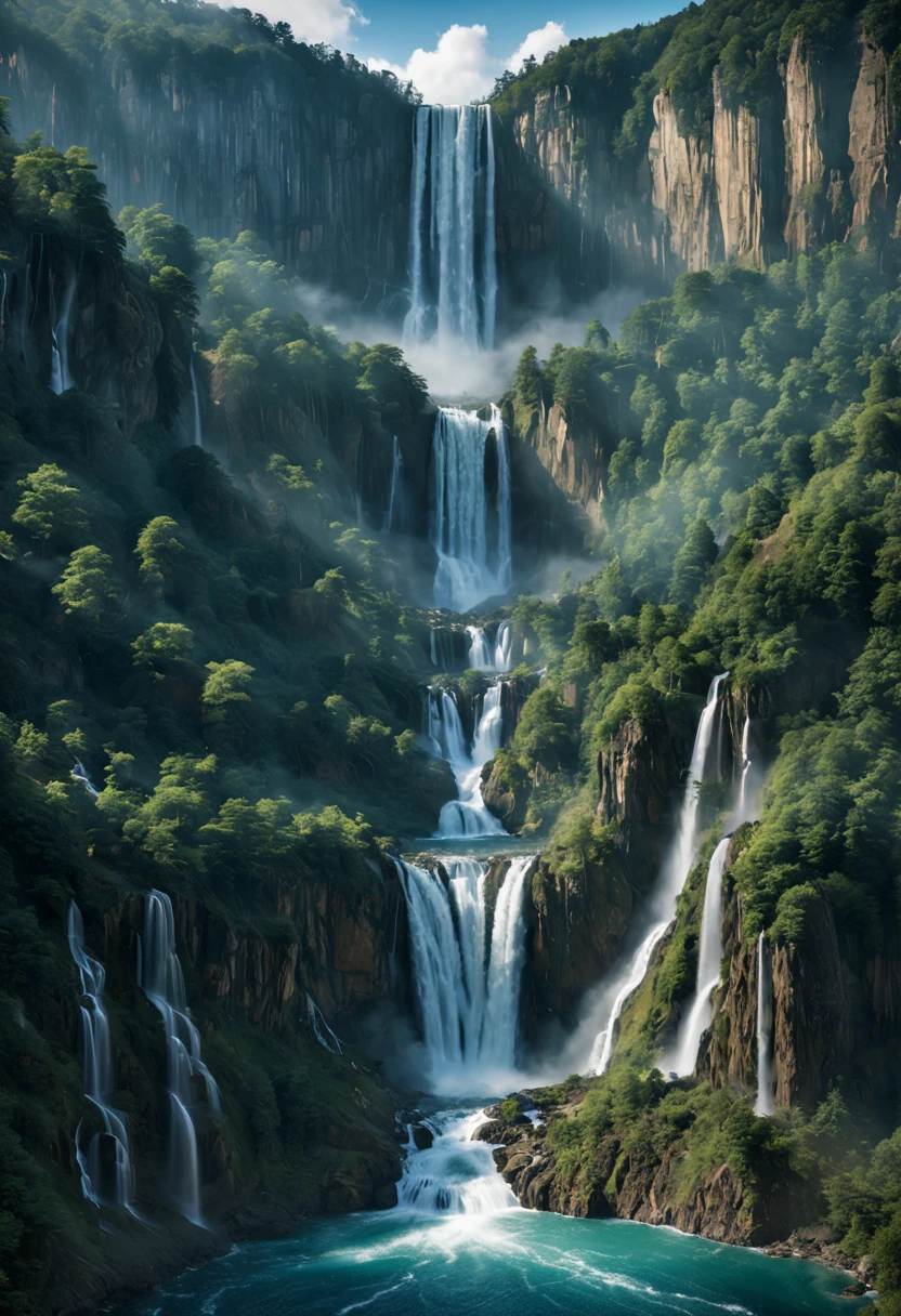 There is a waterfall cascading down the hillside，a digital rendering by Matthias Weischer，Pexels competition winner，𝓡𝓸𝓶𝓪𝓷𝓽𝓲𝓬，high waterfalls，waterfallr，multiple waterfalls，huge waterfalls，stunning waterfall，several waterfallloating waterfalls，waterfall in background，Beautiful stunning waterfall，huge waterfalls，distant waterfalls，huge waterfalls，cascading waterfalls