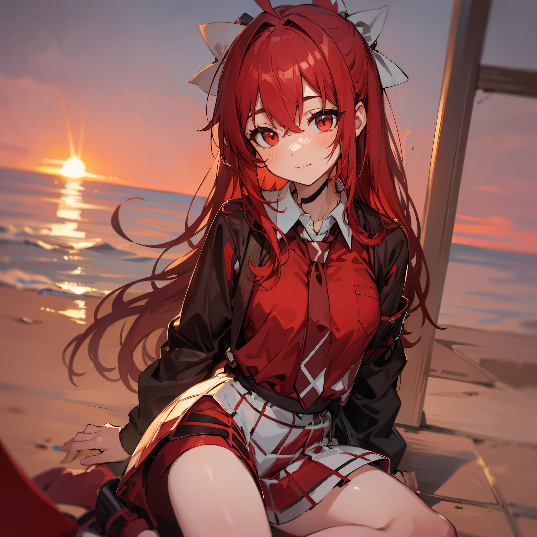 red tinted hair,red - eyed,sandbeach,Seafront,the sunset
