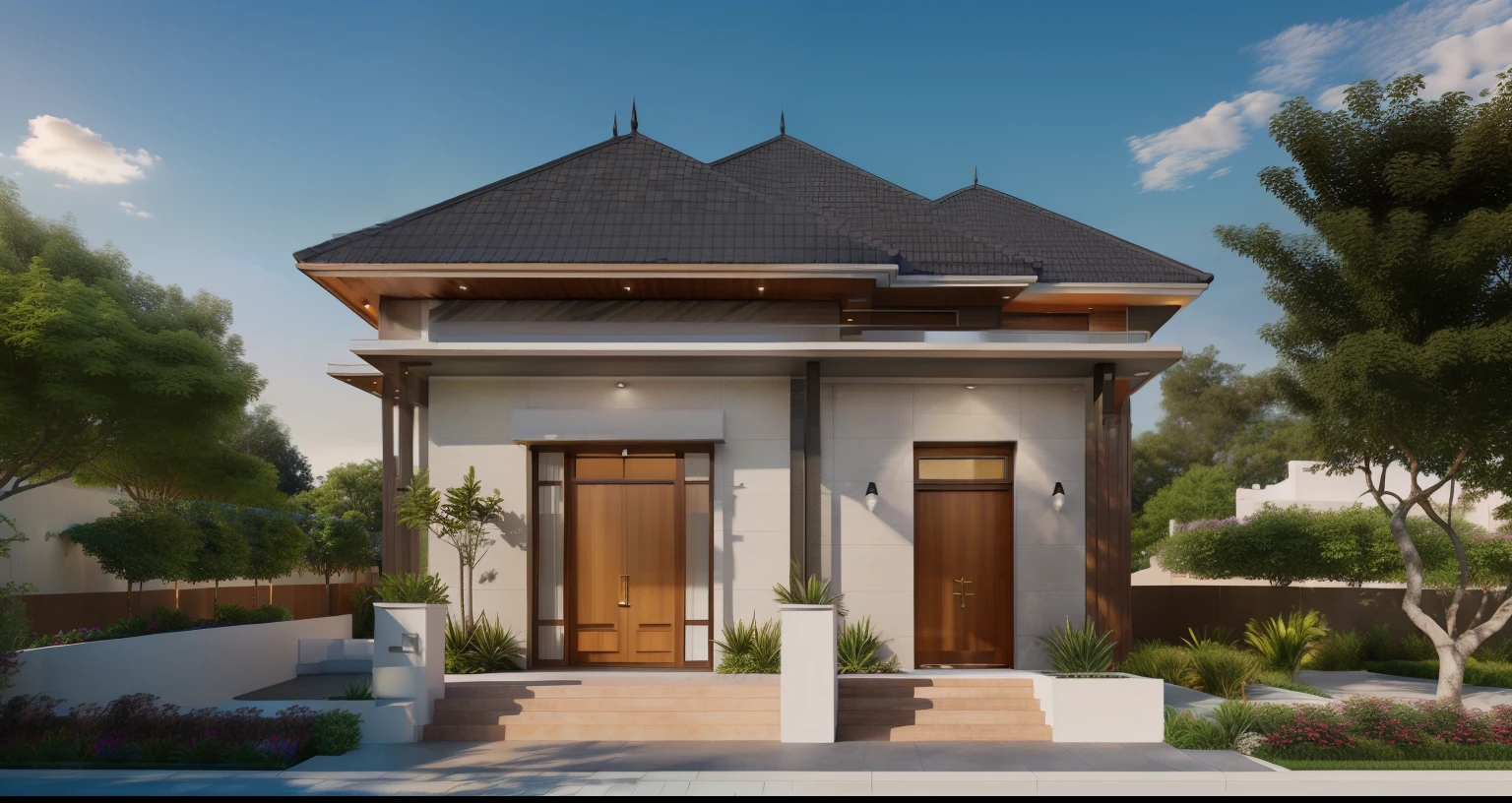 a drawing of a small house with slope roof, ((The layout of the house follows the sketch:1.4)), (brightenness:1.3), (morden:1.3)), (road:1.3), large space infront of, detail flower front perspective, frontview, perspective view, wide frontal view, front view, front-view, rendering, elevation view, front elevation view, all white render, sketch - up, frontal view, symmetrical front view, front facing view, front elevation, 3/4 front view, front side view,"A picture showcasing a captivating modern villa, featuring an expansive and well-ventilated yard adorned with vibrant flowers and flourishing trees."(RAW photo), highest quality, (masterpiece:1.2), High detail RAW color photo, extremely detailed CG unity 8k wallpaper, (photo realism:1.4), (highres), hyperdetailed, (photorealistic:1.2), (best quality:1.erfect anatomy, (exterior), model villa, super realistic , 32k
