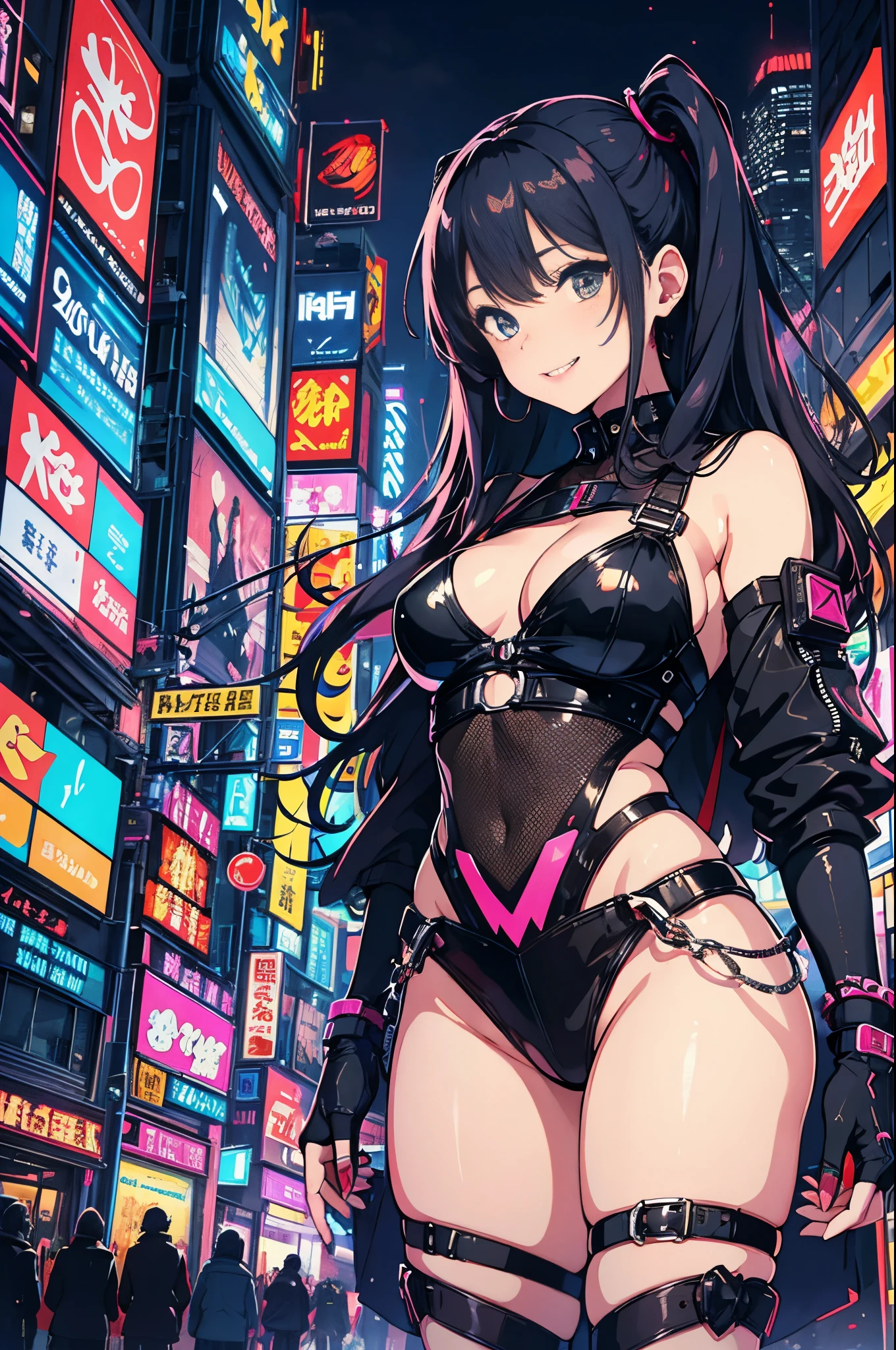 masterpiece, best quality, 2 ((smiling)) cyberpunk girls standing together, Harajuku-inspired cyberpunk body harness, bold colors and patterns, eye-catching accessories, trendy and innovative hairstyle, dazzling Cyberpunk cityscape, skyscrapers, neon signs, LED lights, bright and vivid color scheme, anime, illustration, detailed skin texture, detailed cloth texture, beautiful detailed face, intricate details, ultra detailed.