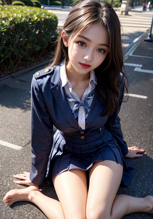 (8K high image quality), (top-quality), (RAW image quality),(masutepiece:1.2), (Realistic), (Photorealistic:1.37), ,largeeyes,long eyelasher,(Live-action realistic style),The Ultimate Face,Photorealistic light and shadow,Clear facial features,,Fair skin, ),Best portraits,Shot from a short distance, 1-girl, Cute,Beautiful detailed eyes,highlydetailed skin,(Beautiful face with double eyelids), (Realism: 1.4),((fullbody image)) ,delicate and beautiful face,,Female about 20 years old,(Beautiful Face 1.4),Medium Hair,((Japan high school girl in uniform)),(Make eye contact with your audience),red lipsticks,Lame around the eyes,(Laugh a little),In a park rich in nature,Sit on one knee upright,The skirt is rolled up.、panties fully visible.,Pastel colors panties,I like to show my panties to viewers,Show your panties to your audience,(Japan schoolgirl uniform),Beautiful face illuminated by light,red lipsticks,Lame around the eyes,Very beautiful feet are the charm point,A very bright world