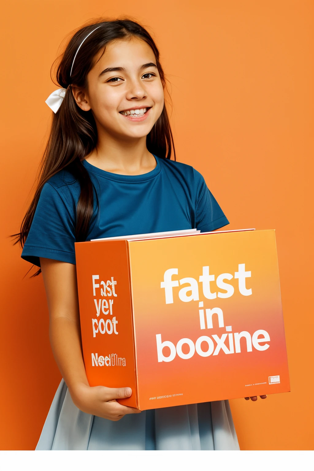 A realistic image of an advertising poster featuring a girl receiving a box with a surprise book, against a gradient orange background - @neoakito (fast)