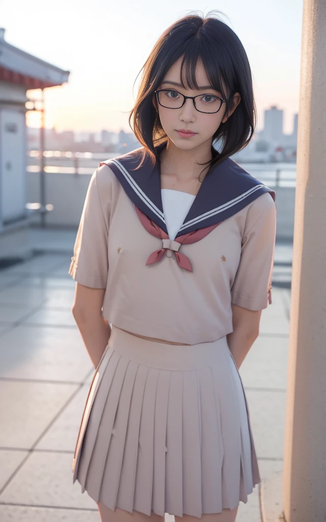 8k,cinematic lighting,top-quality,Top image quality,masterpiece,best quality,depth of field,ultra-detailed,from above,mideum shot,full body,1girl,Japanese,32 years old,(Gyaru:1.2),(Black hair,a short bob:1.2),(Oval light brown cell frame glasses:1.2),detailed brown eyes,(slender body:1.2),((flat chest:1.5)),slightly large hip,(tanned skin), (School Rooftop:1.1),sunset,magic hour,from below,smile,(blushing:1.4),(seifuku:1.3), school uniform, red scarf, (navy blue pleated skirt),Standing,