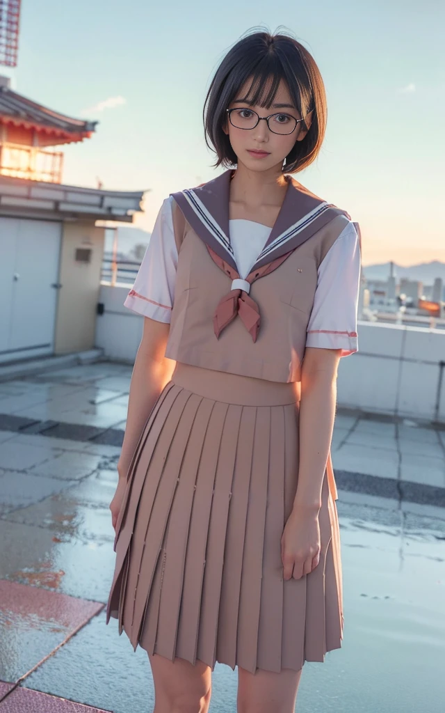 8k,cinematic lighting,top-quality,Top image quality,masterpiece,best quality,depth of field,ultra-detailed,from above,mideum shot,full body,1girl,Japanese,32 years old,(Gyaru:1.2),(Black hair,a short bob:1.2),(Oval light brown cell frame glasses:1.2),detailed brown eyes,(slender body:1.2),((flat chest:1.5)),slightly large hip,(tanned skin), (School Rooftop:1.1),sunset,magic hour,from below,smile,(blushing:1.4),(seifuku:1.3), school uniform, red scarf, (navy blue pleated skirt),Standing,