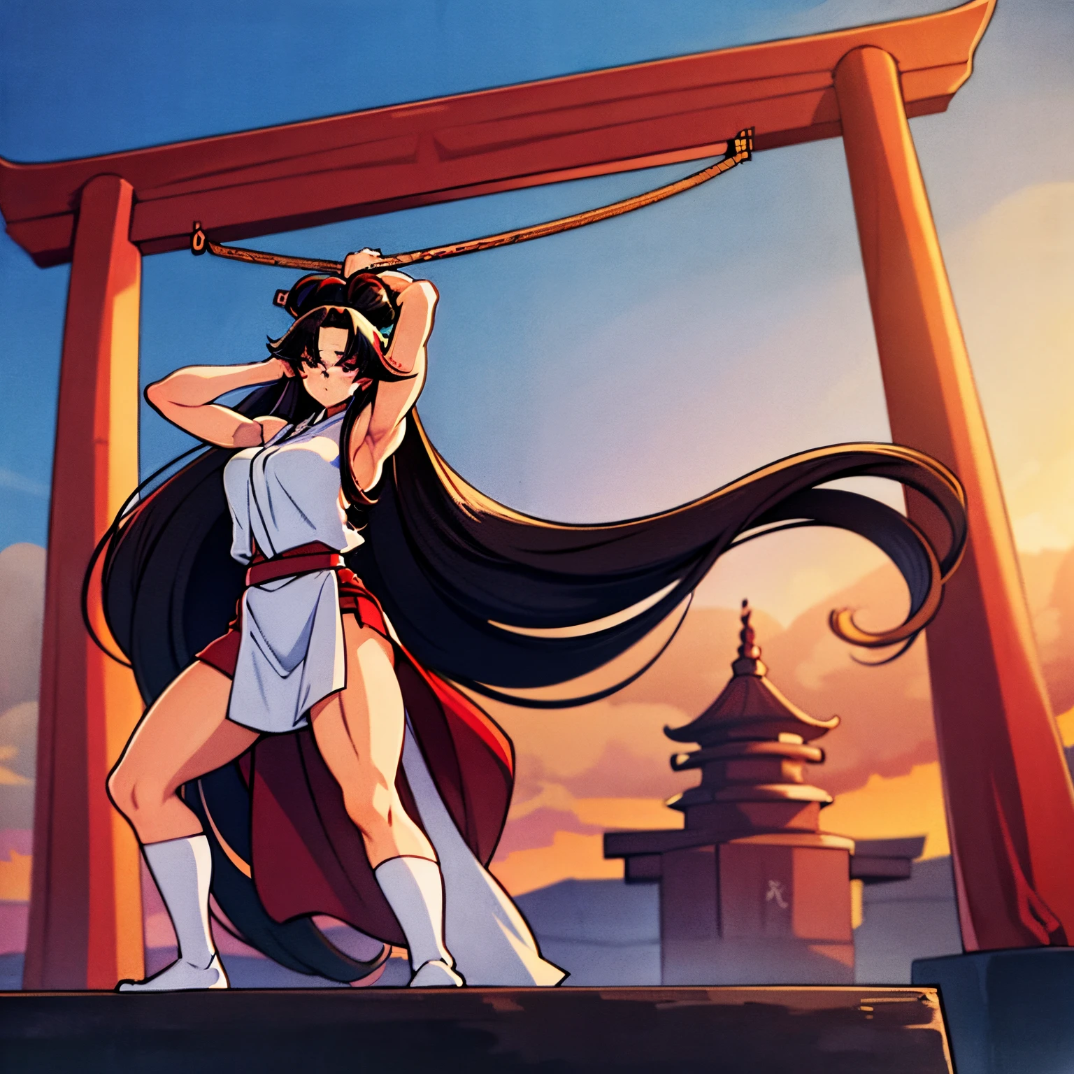 beautiful young woman, long black hair tied in high ponytail, parted bangs, massive forehead, large reddish violet eyes, tan skin, fit, athletic, slightly muscular, shrine maiden outfit, miko clothes