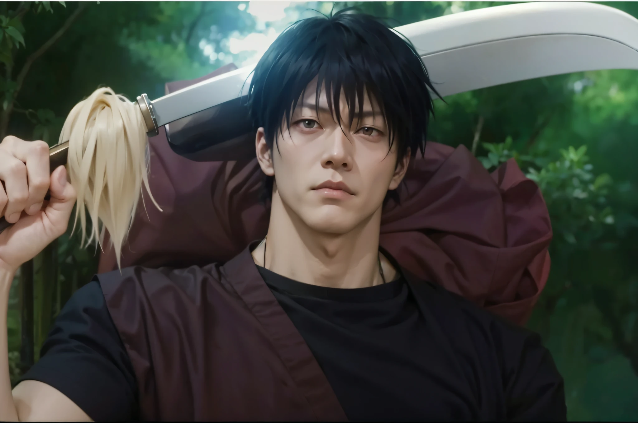 Toji fushiguro from jujutsu kaisen, looks like movie scene, handsome middle age men., he looks evil
