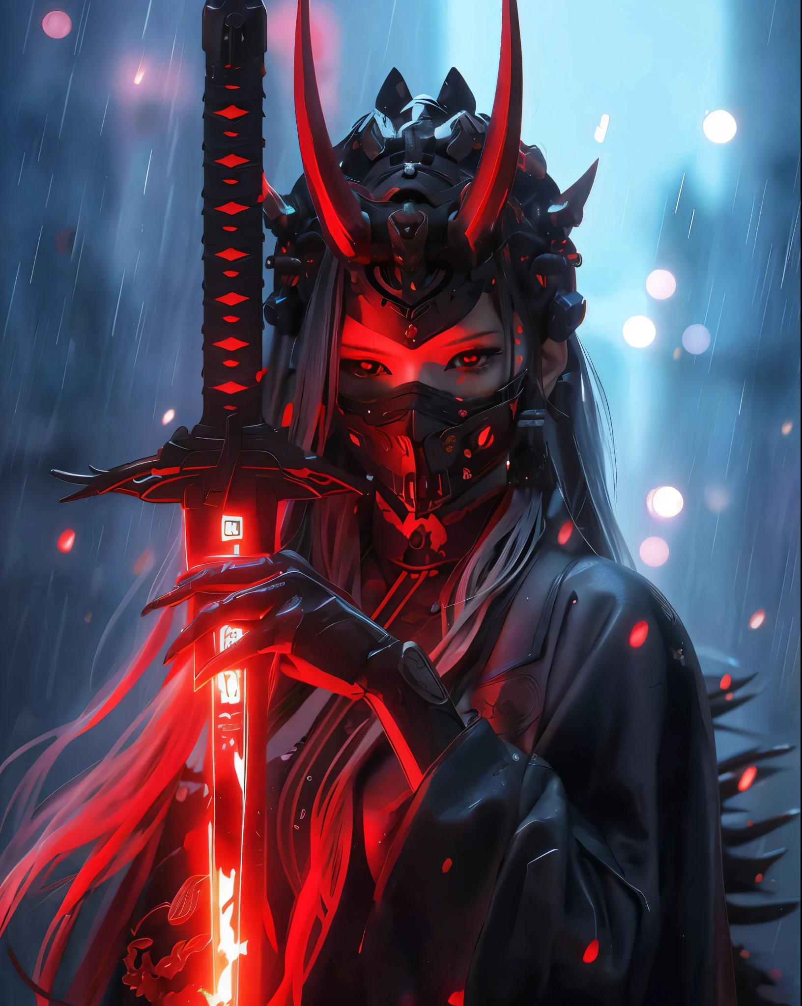 anime, anime, demon, sword, red, black, art, artwork, artwork, digital, artwork, digital art, digital painting, digital art, very beautiful cyberpunk samurai, demon samurai, neon samurai, cyberpunk samurai, demon samurai warrior, badass anime 8 k, she is holding a katana sword, portrait of a cyberpunk samurai, cyberpunk geisha, cyborg samurai